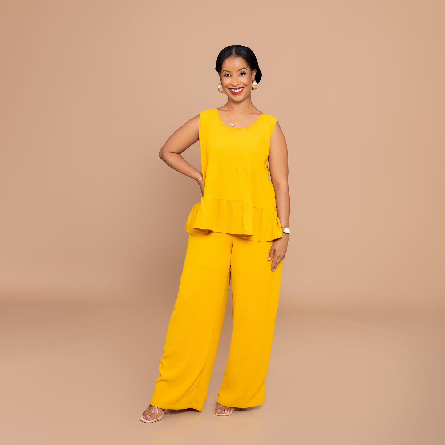 Tiered Top & Wide-Leg Pants Set - Mustard Yellow