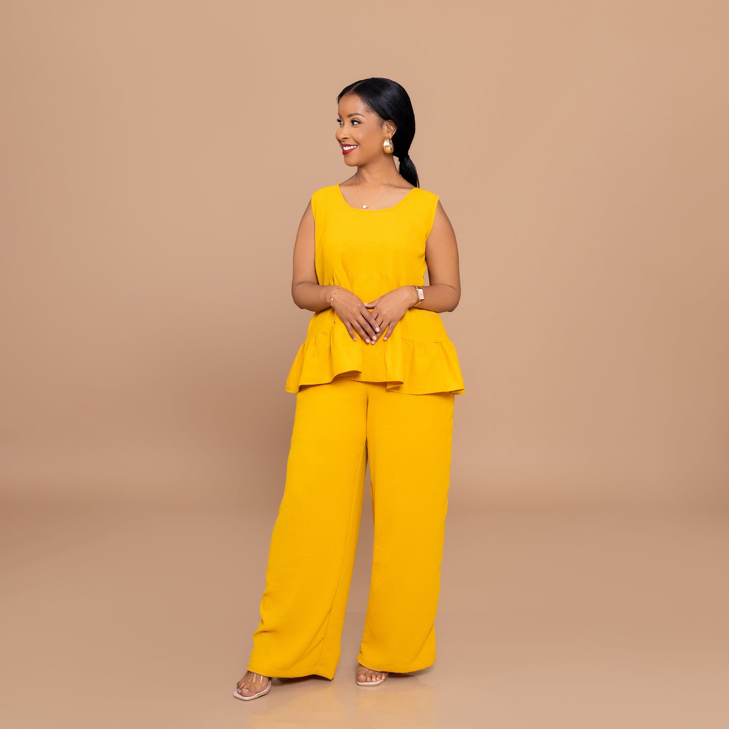 Tiered Top & Wide-Leg Pants Set - Mustard Yellow