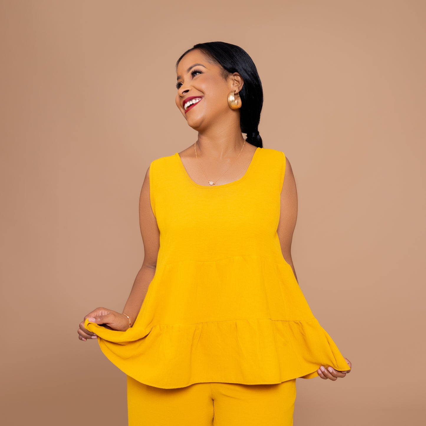 Tiered Top & Wide-Leg Pants Set - Mustard Yellow