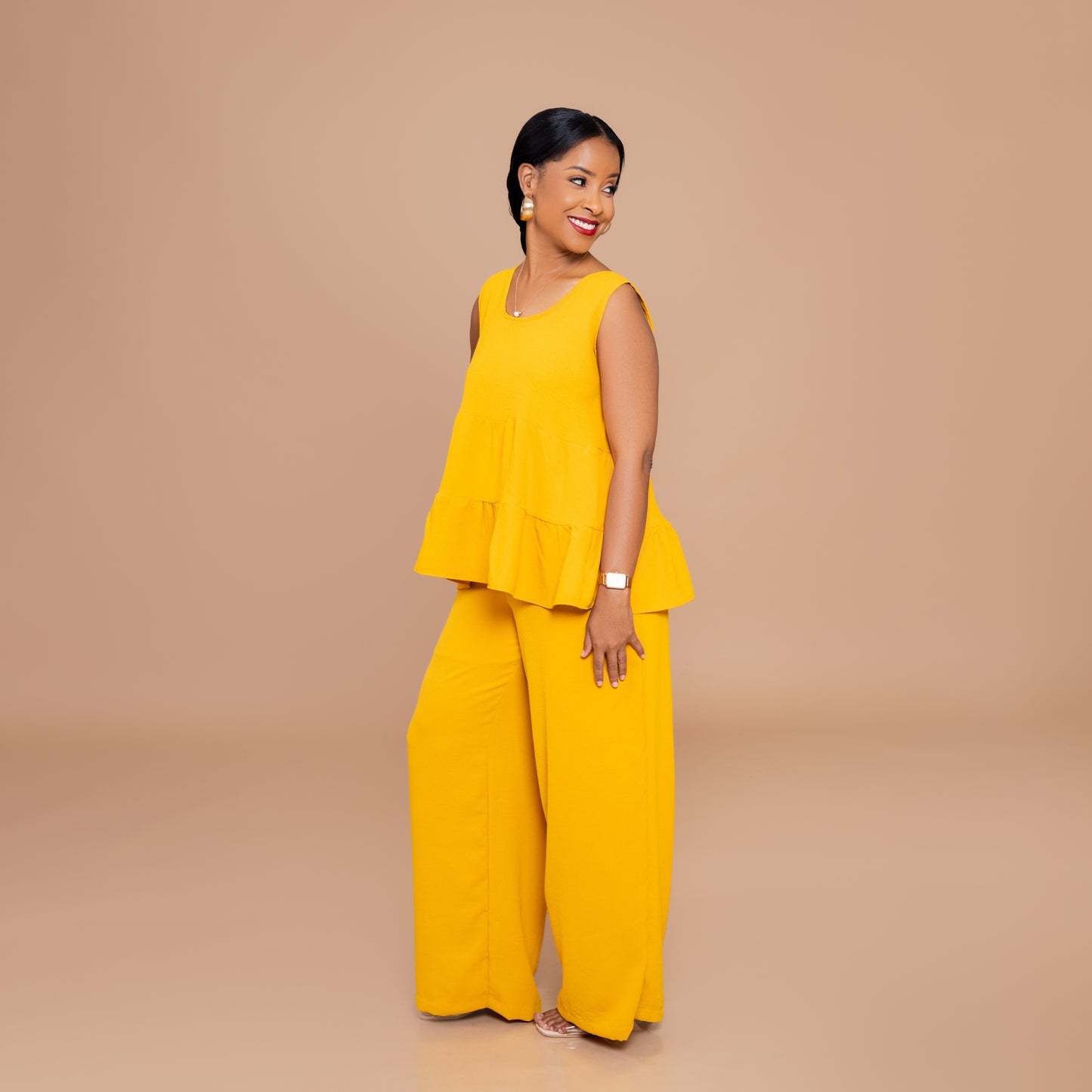 Tiered Top & Wide-Leg Pants Set - Mustard Yellow