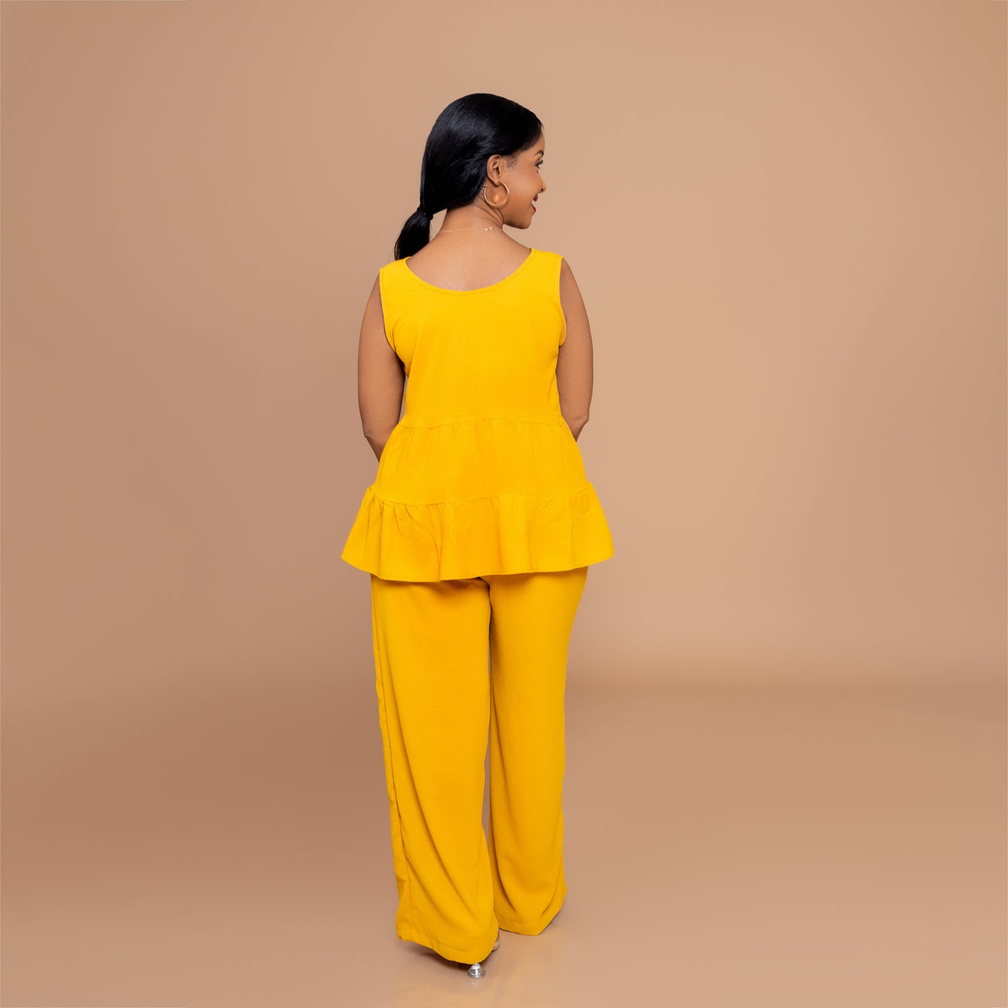 Tiered Top & Wide-Leg Pants Set - Mustard Yellow
