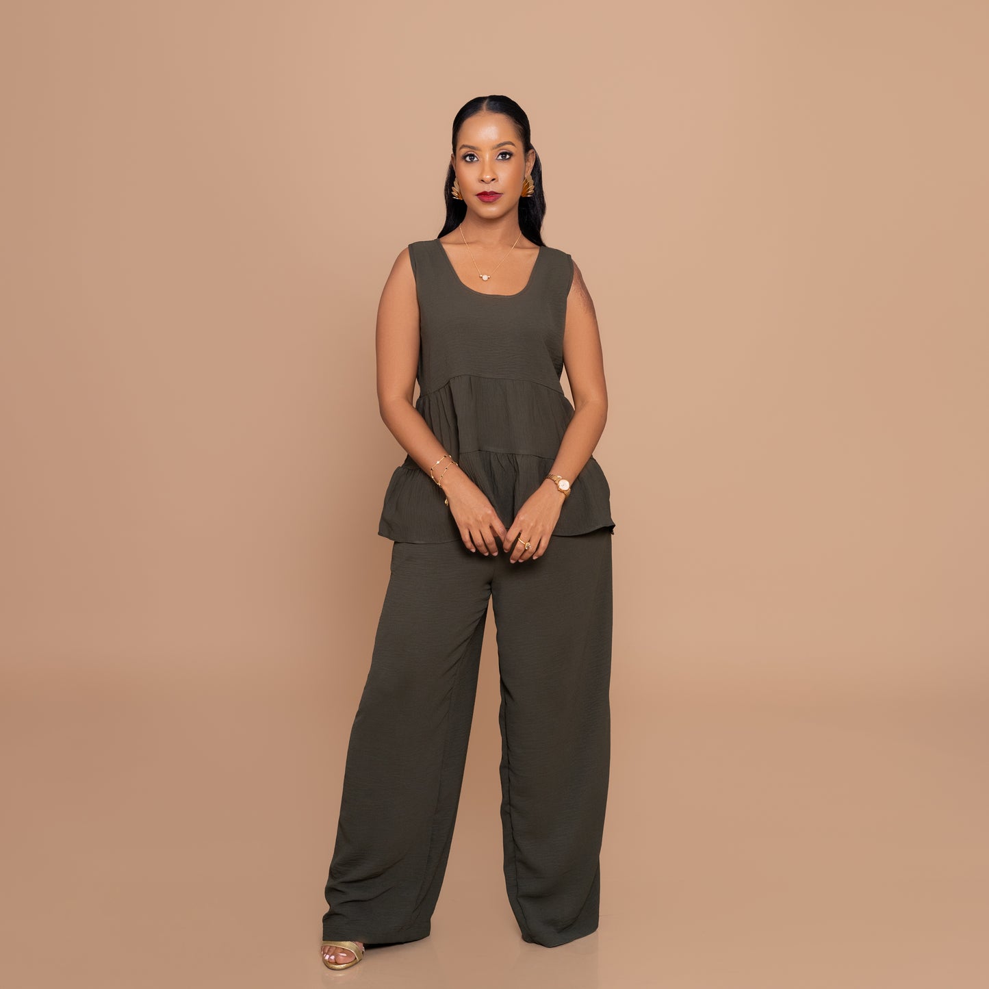 Tiered Top & Wide-Leg Pants Set - Jungle Green