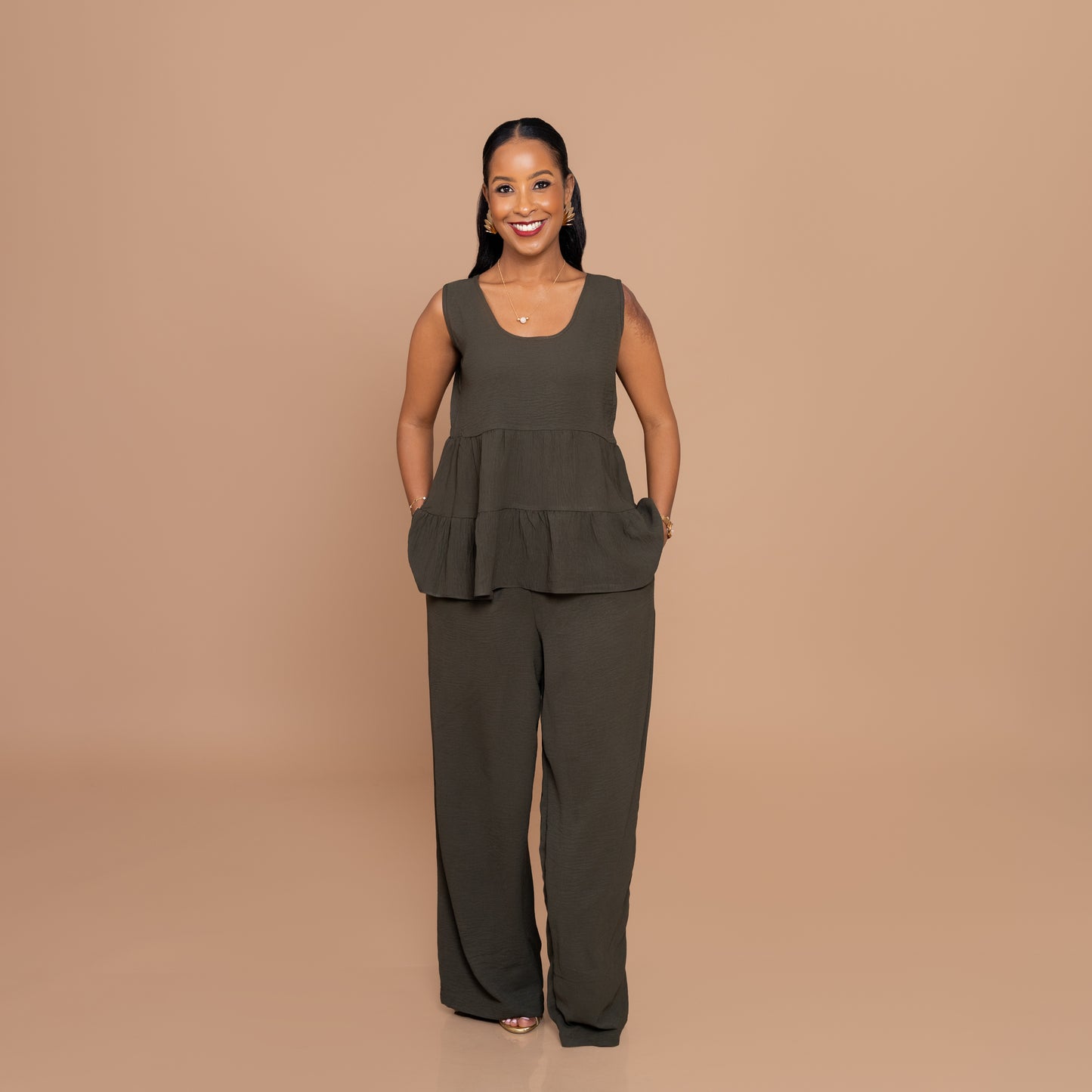 Tiered Top & Wide-Leg Pants Set - Jungle Green