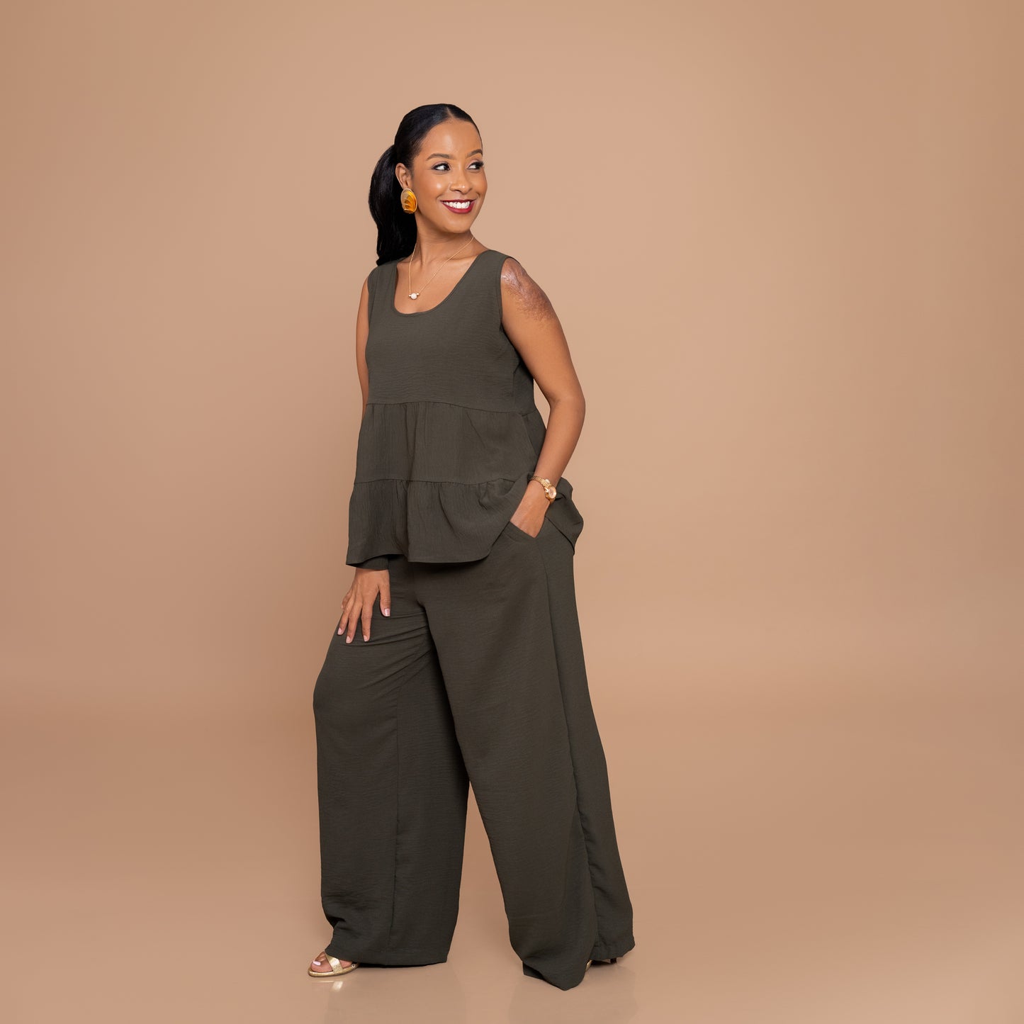 Tiered Top & Wide-Leg Pants Set - Jungle Green