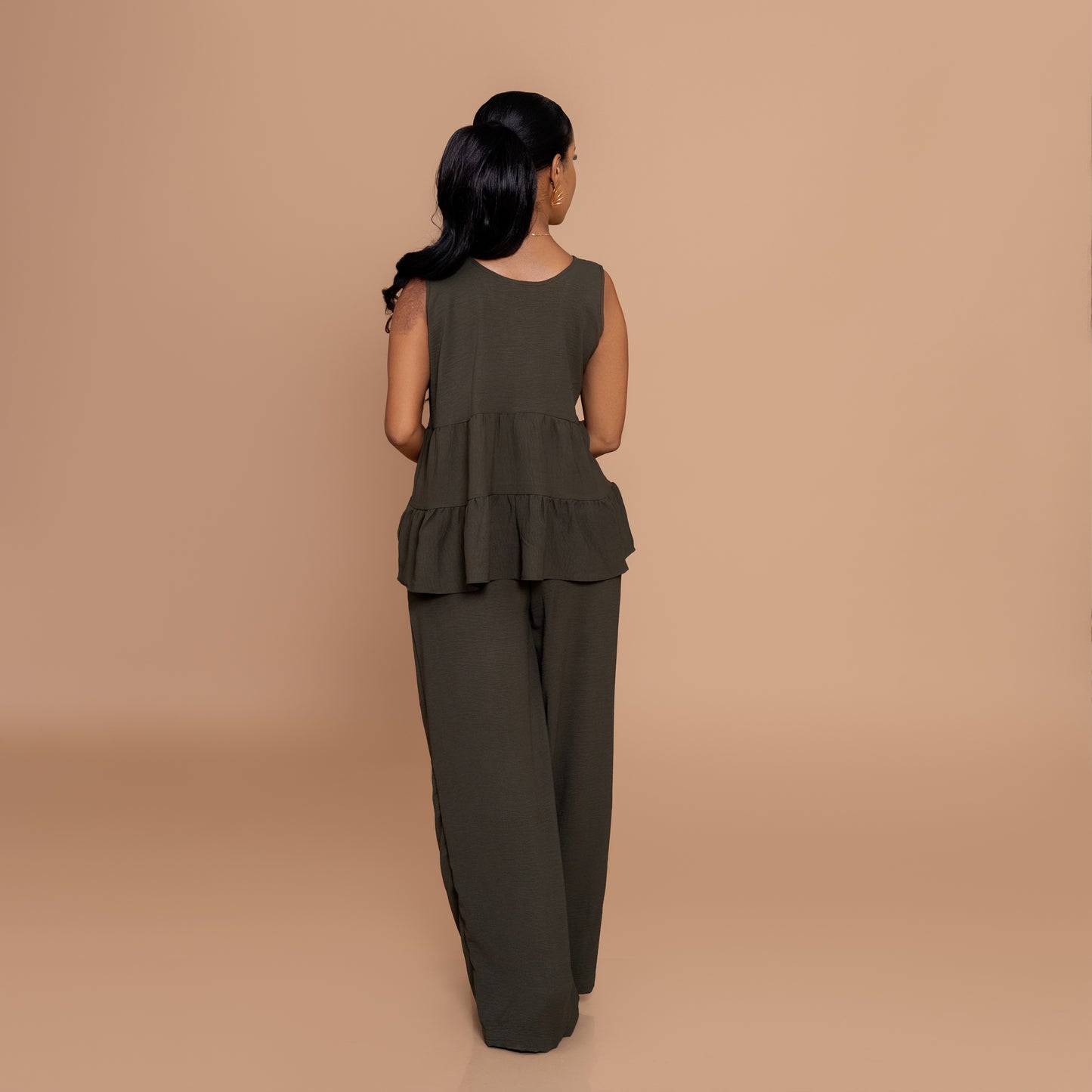 Tiered Top & Wide-Leg Pants Set - Jungle Green