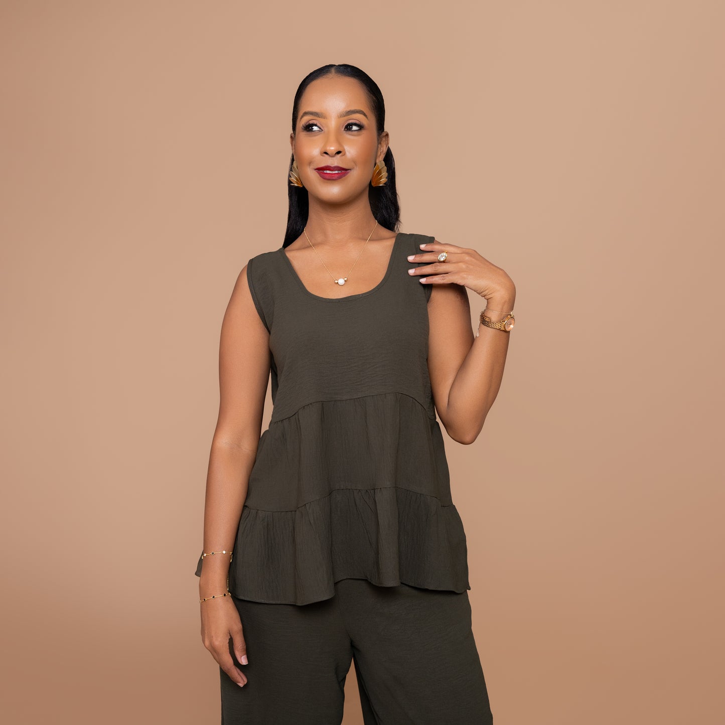Tiered Top & Wide-Leg Pants Set - Jungle Green