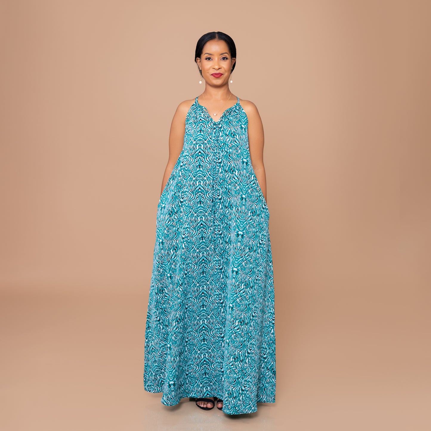 Sleeveless Maxi Dress - Turquoise Abstract Ripple