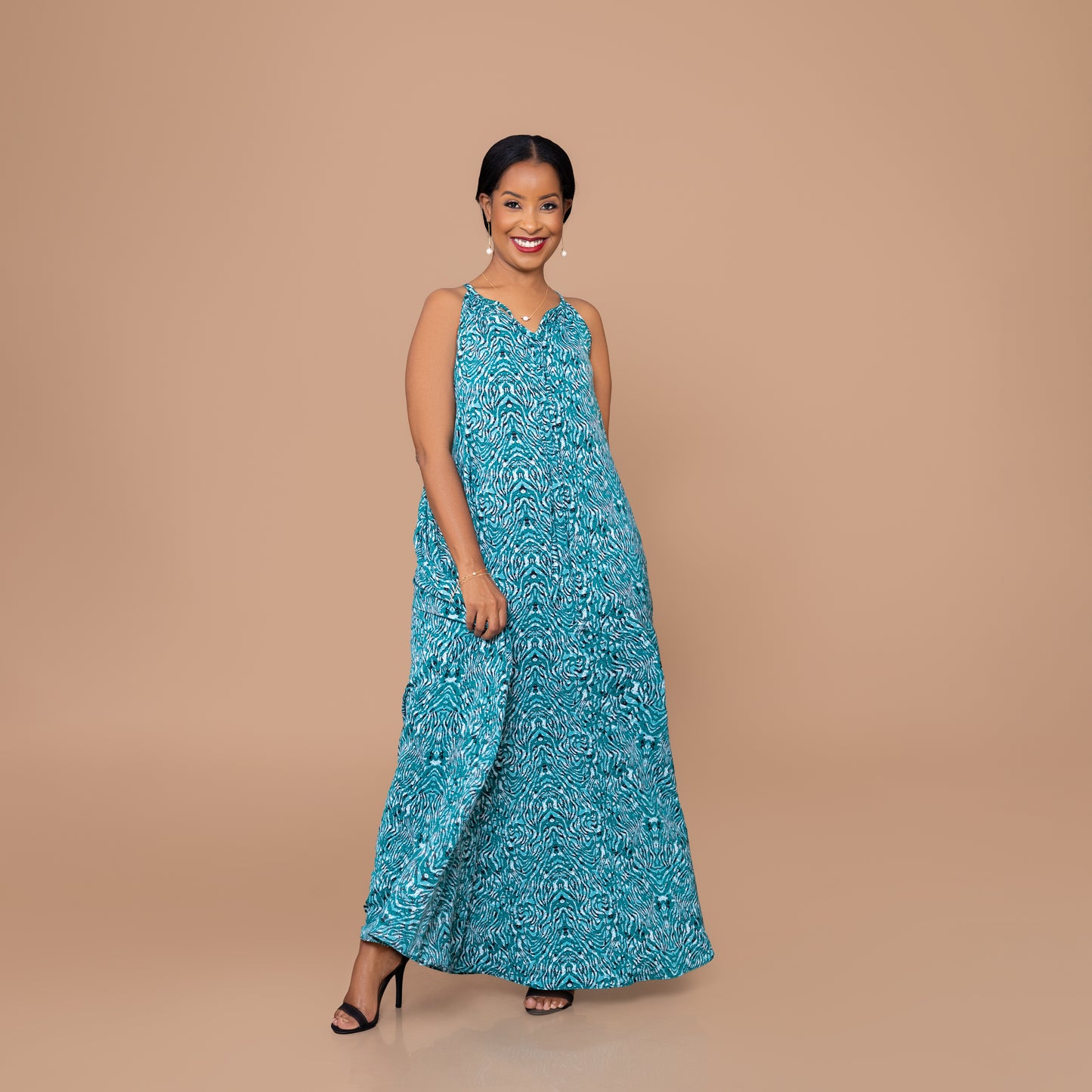 Sleeveless Maxi Dress - Turquoise Abstract Ripple
