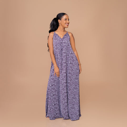 Sleeveless Maxi Dress - Purple Abstract Ripple