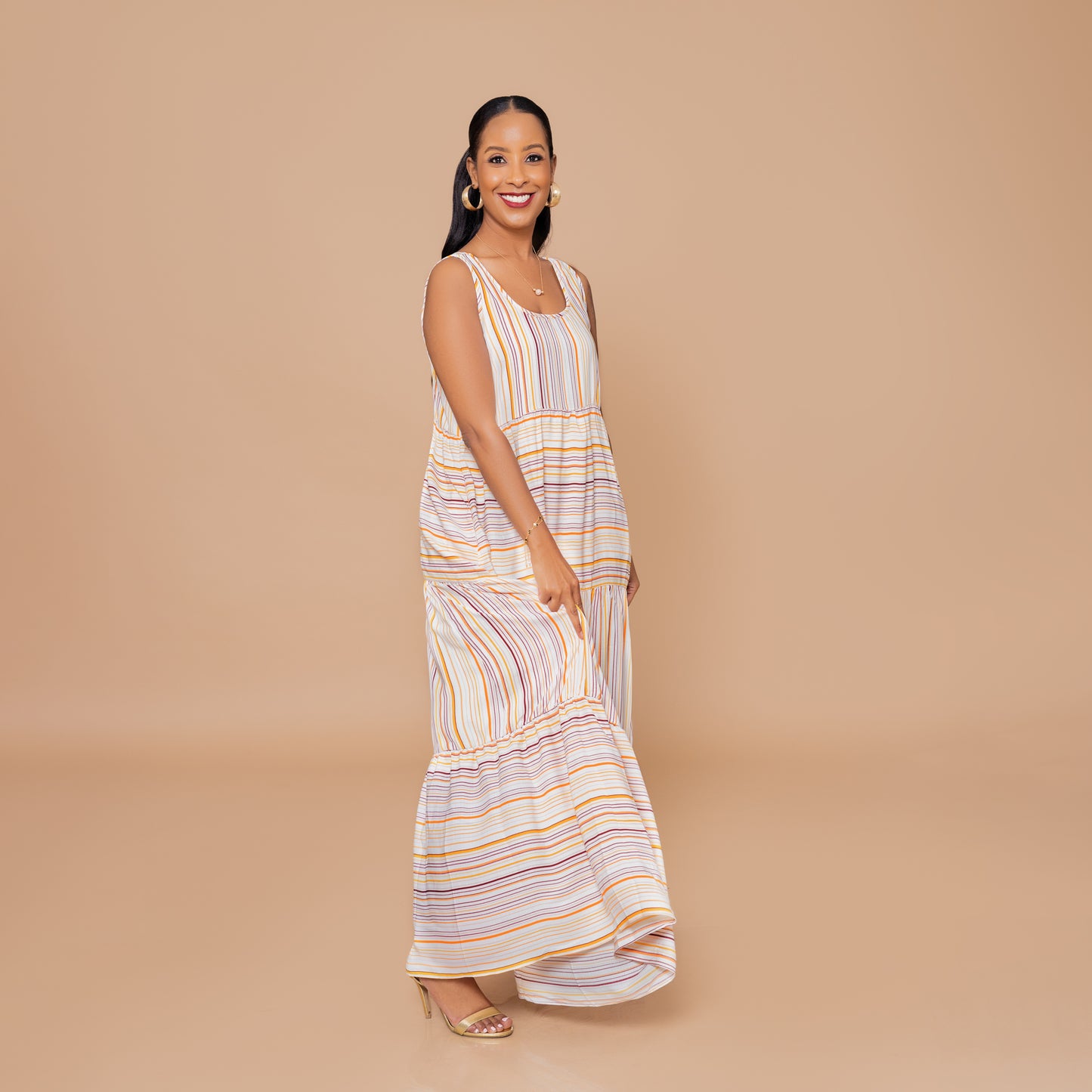 Tiered Sleeveless Maxi Dress – Pastel Stripes