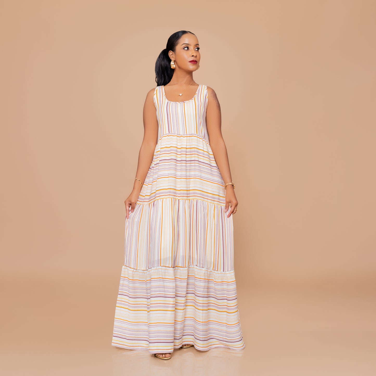Tiered Sleeveless Maxi Dress – Pastel Stripes