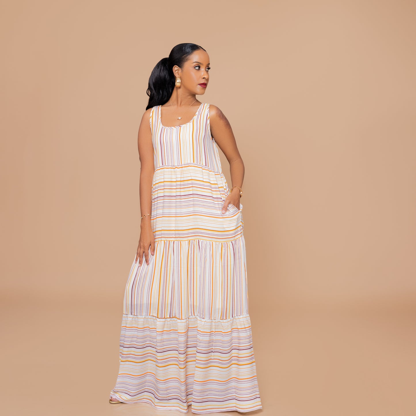 Tiered Sleeveless Maxi Dress – Pastel Stripes