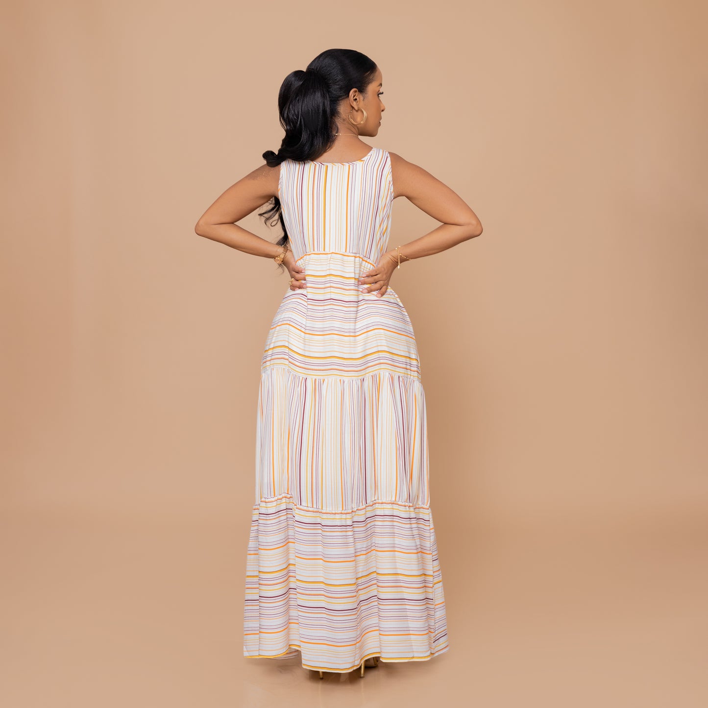 Tiered Sleeveless Maxi Dress – Pastel Stripes