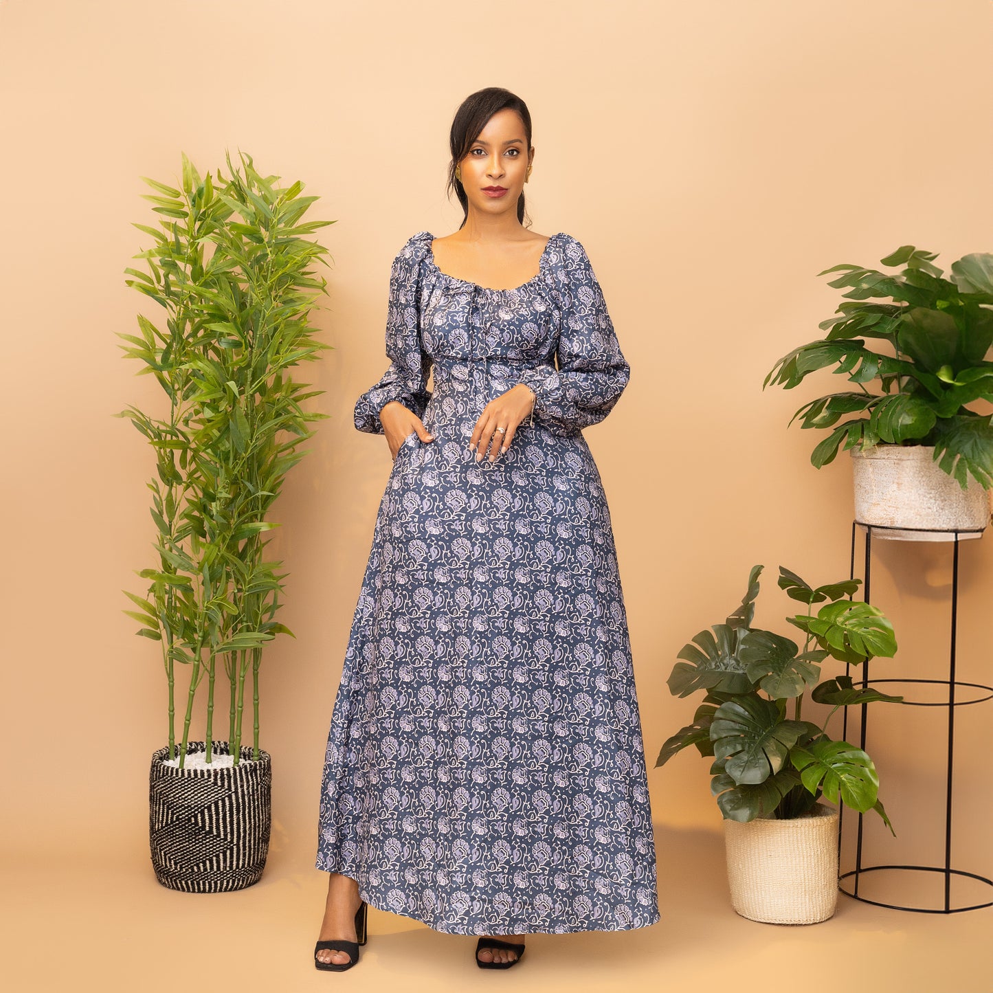 Blue Coral Print Shirred Back Maxi Dress