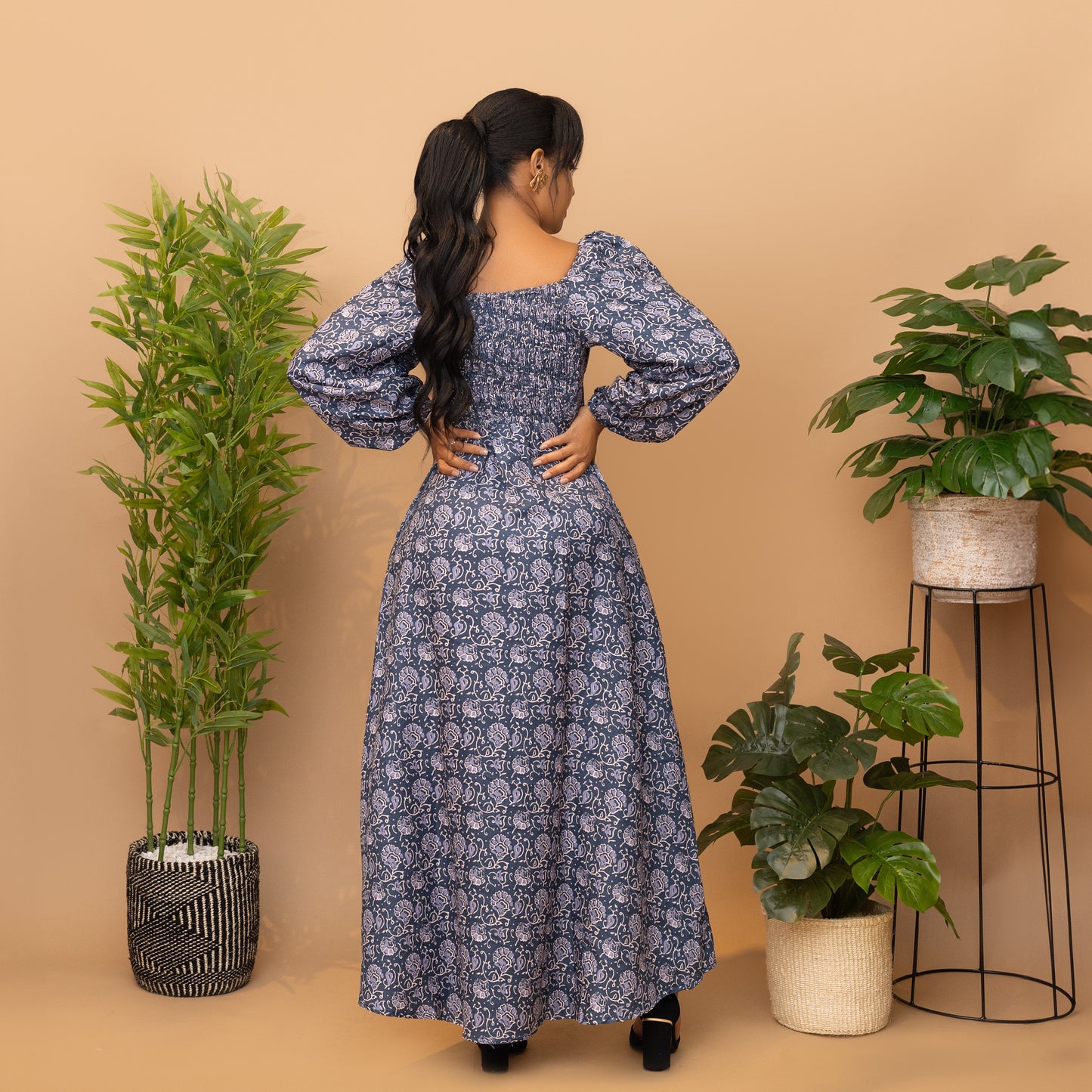 Blue Coral Print Shirred Back Maxi Dress