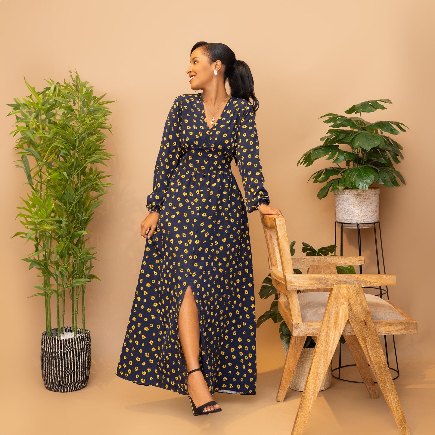 Navy Blue/Yellow Flower Print V Neck Maxi Dress