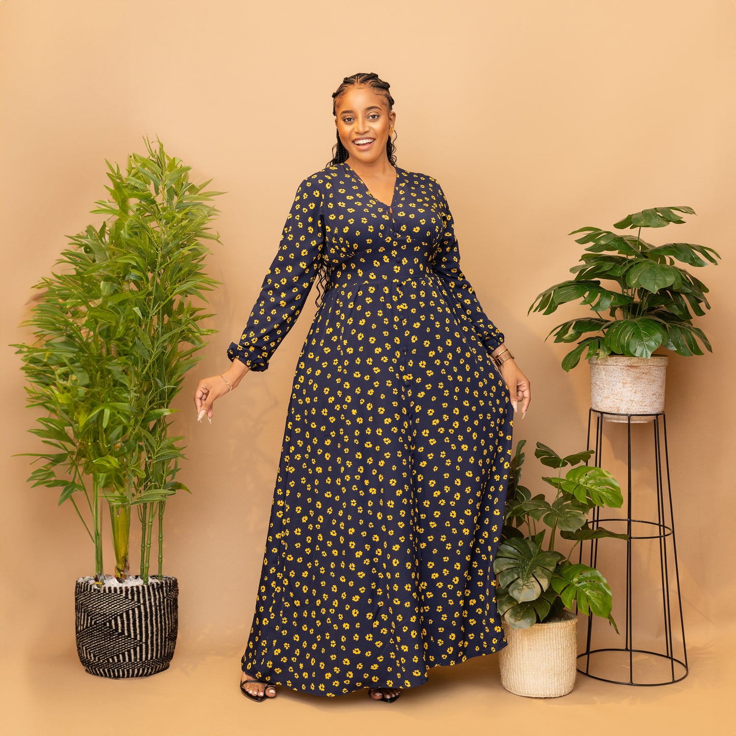 Navy Blue/Yellow Flower Print V Neck Maxi Dress