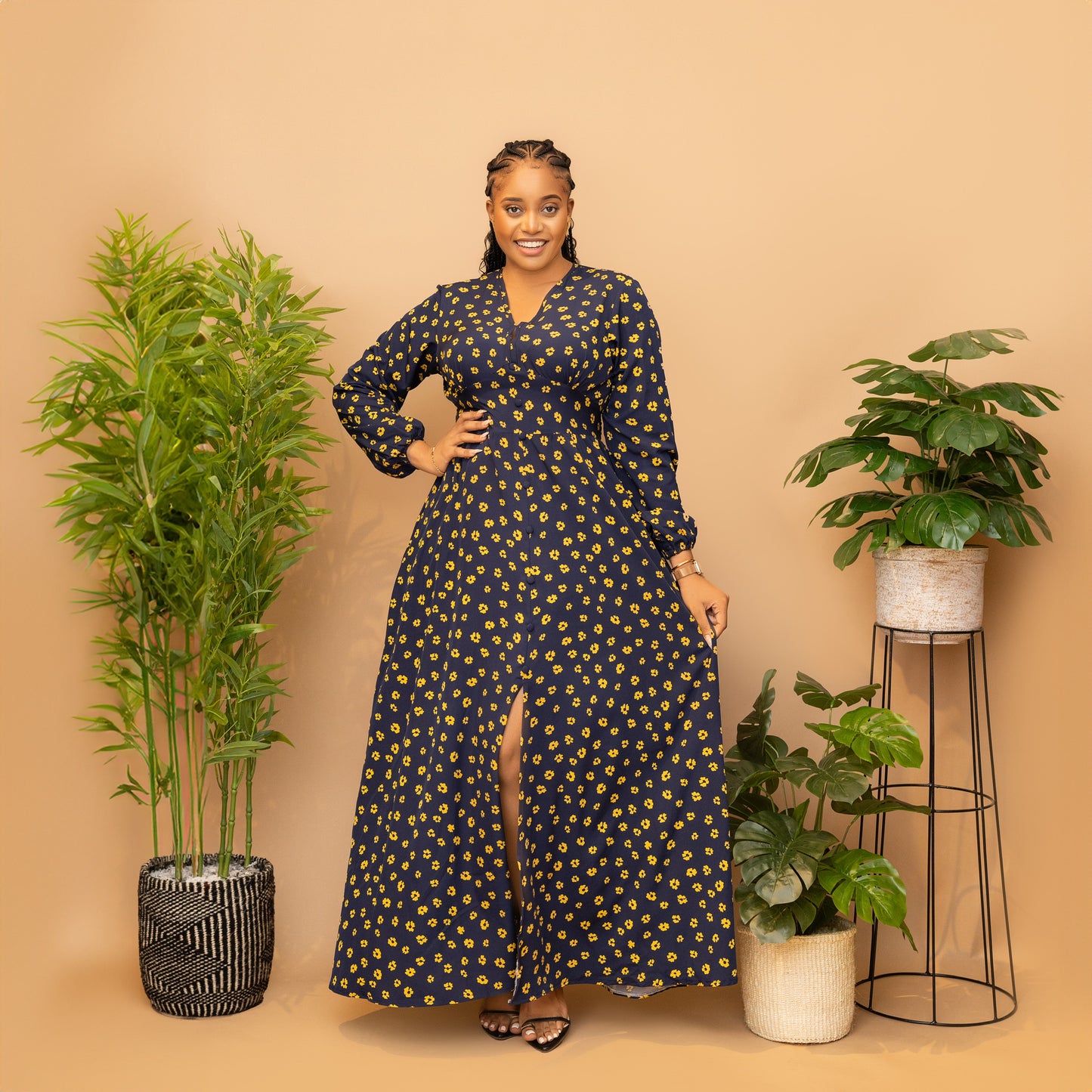 Navy Blue/Yellow Flower Print V Neck Maxi Dress