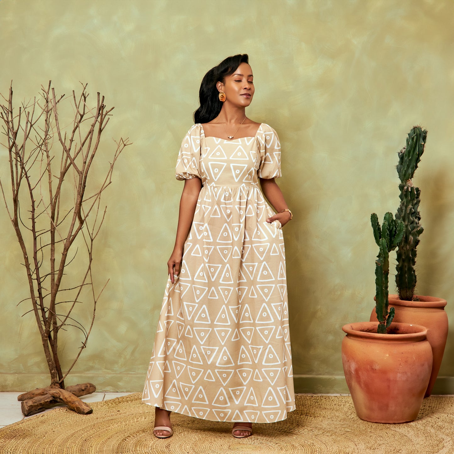 Nia Geometric Tie Back Maxi Dress - Beige