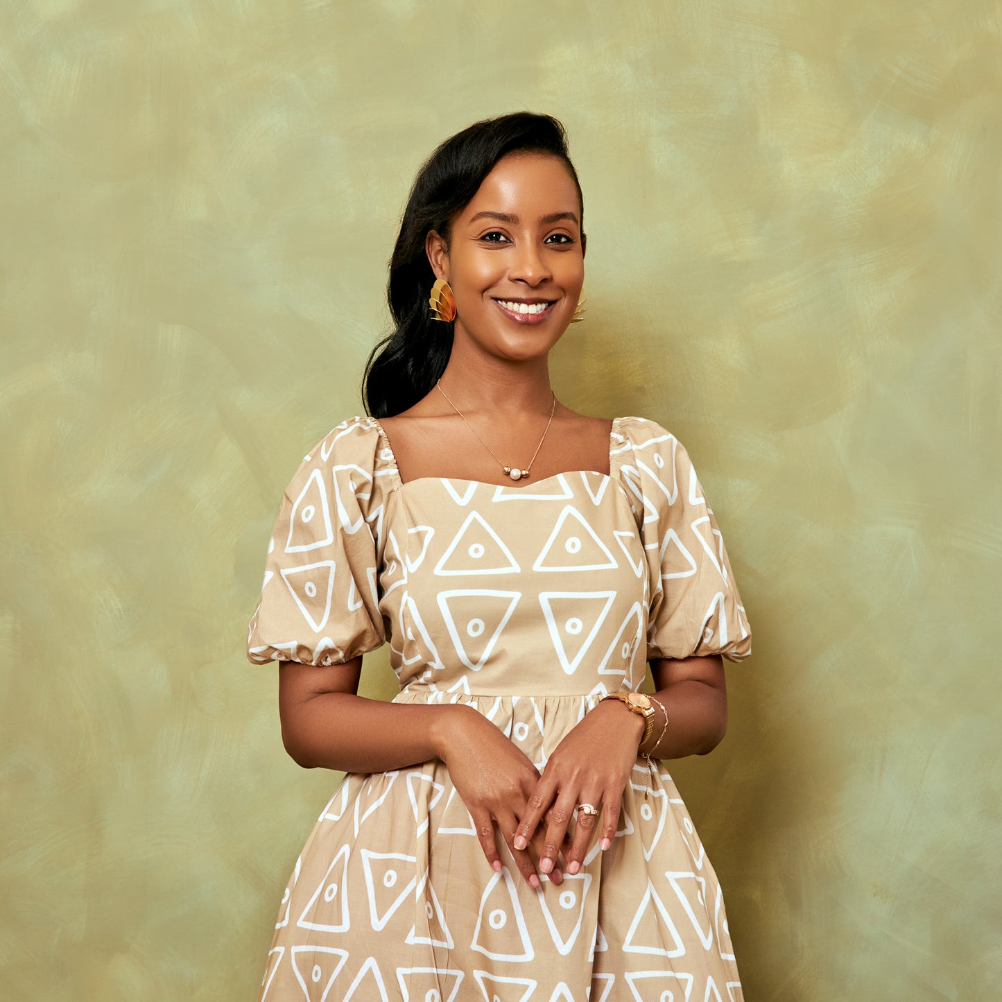 Nia Geometric Tie Back Maxi Dress - Beige