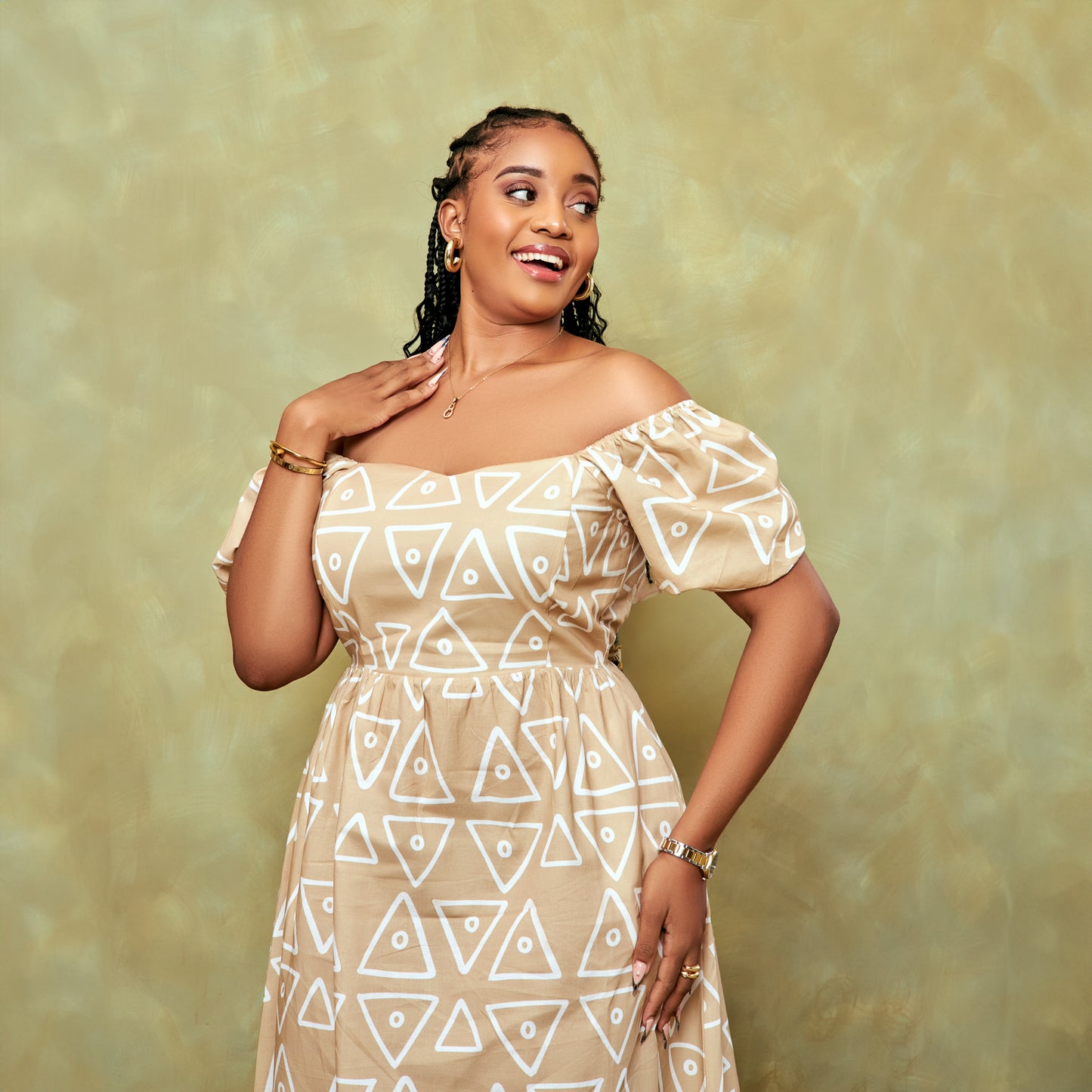 Nia Geometric Tie Back Maxi Dress - Beige