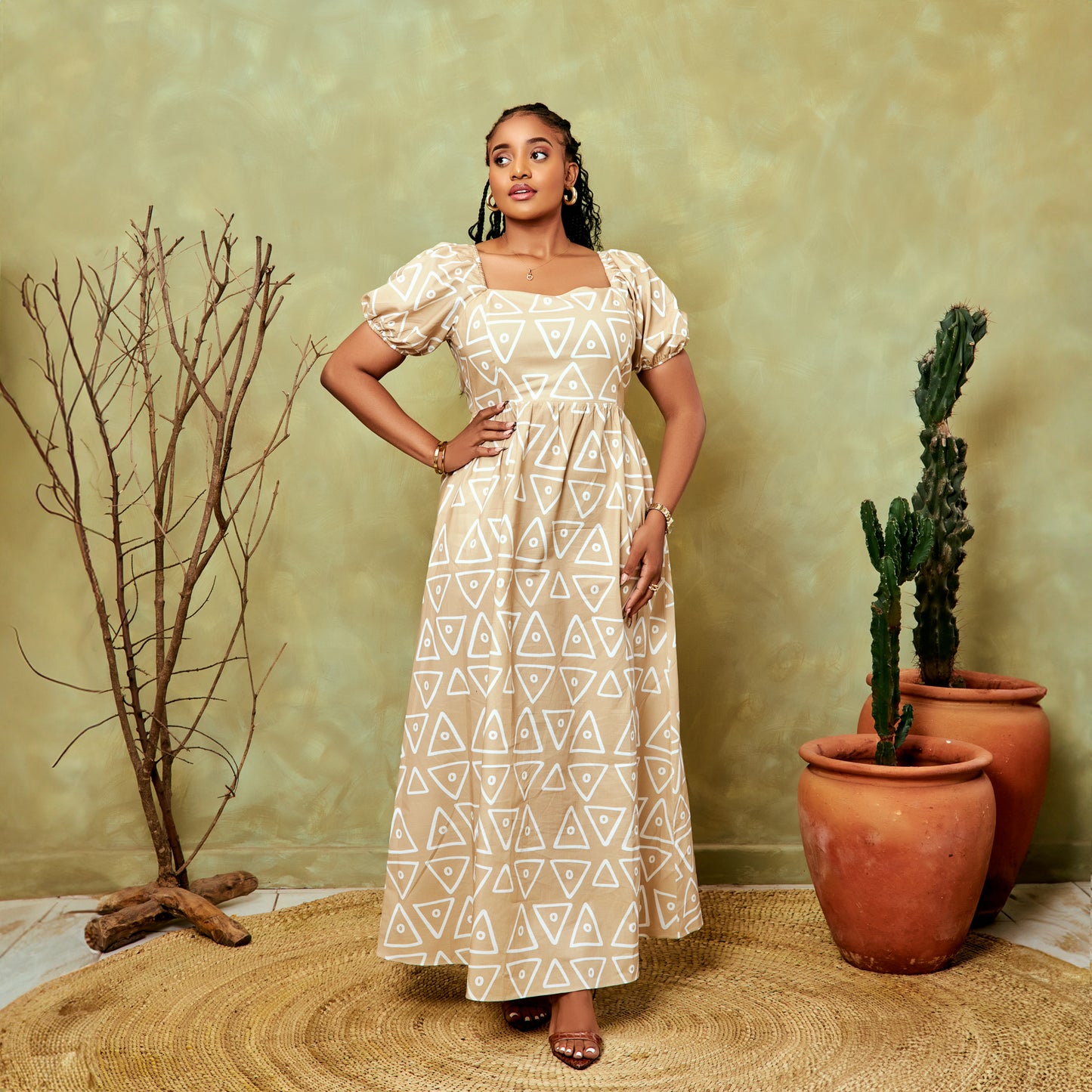 Nia Geometric Tie Back Maxi Dress - Beige