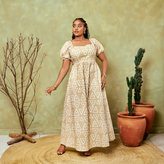 Nia Geometric Tie Back Maxi Dress - Beige