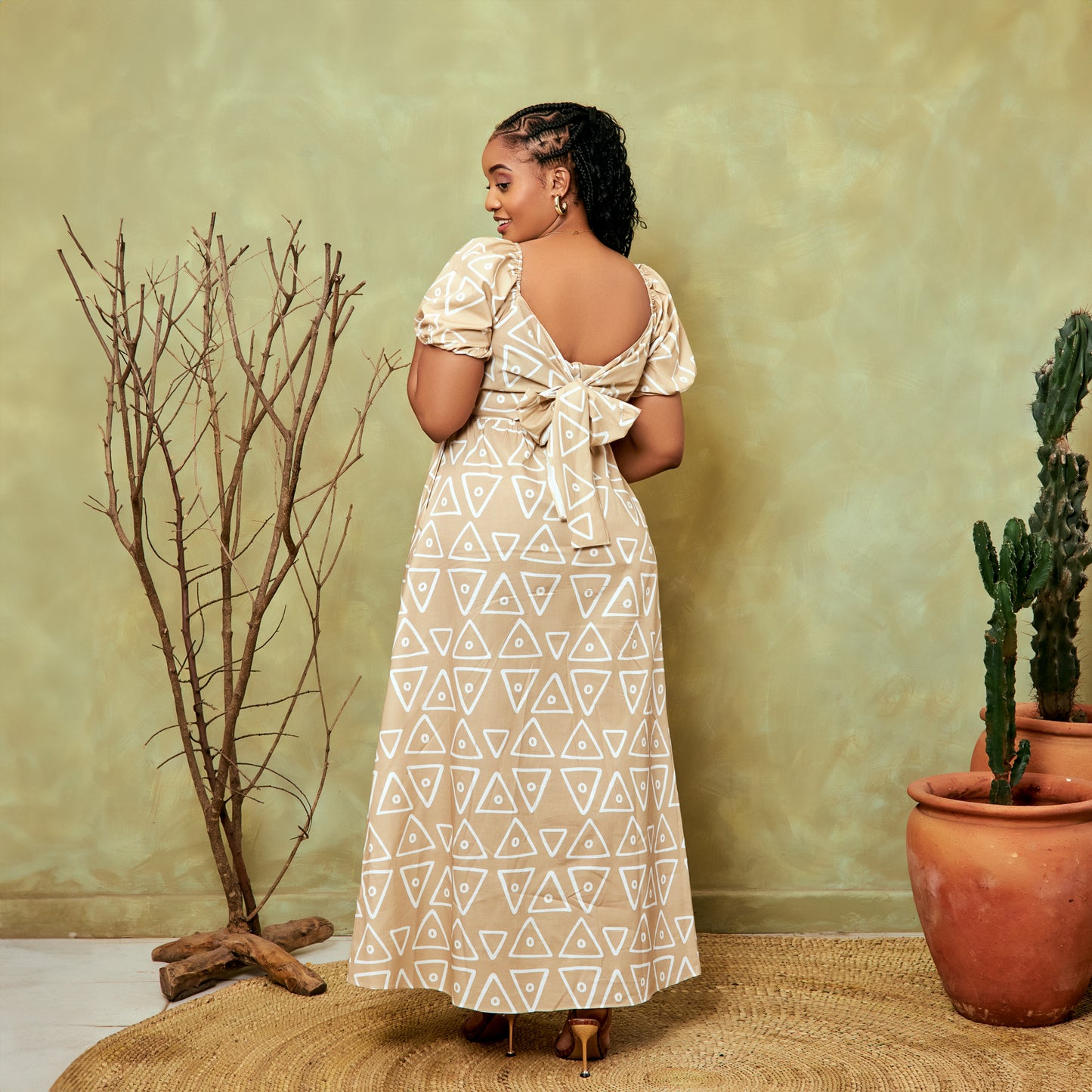 Nia Geometric Tie Back Maxi Dress - Beige