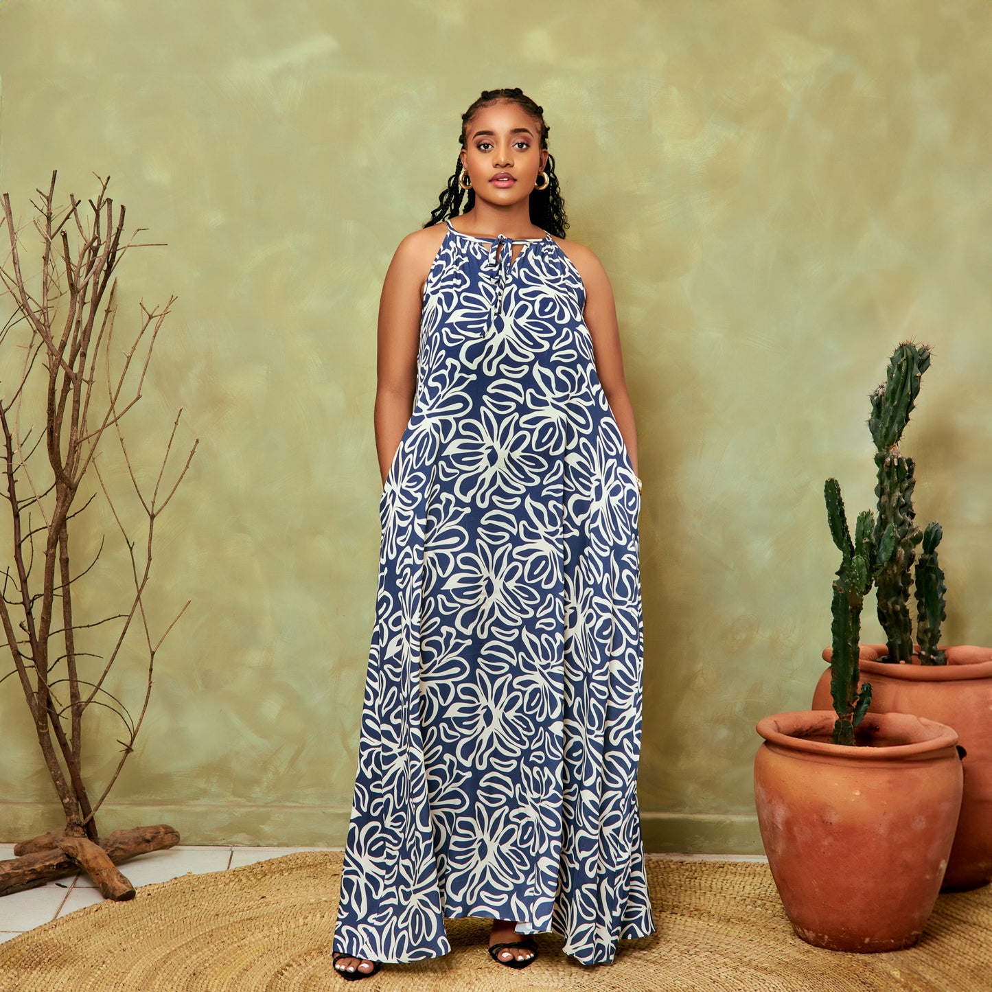 Nia Abstract Floral Sleeveless Maxi Dress - Indigo