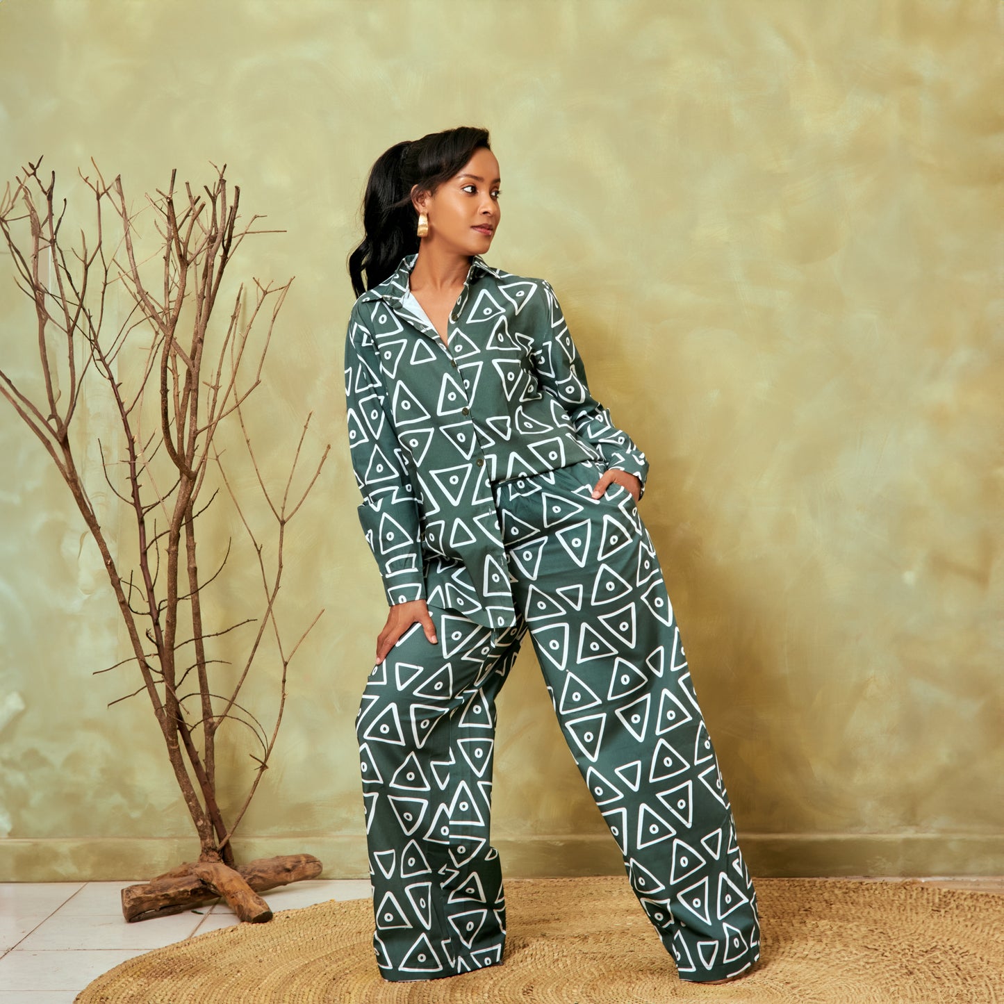 Nia Geometric Print Pant Set - Dark Olive Green