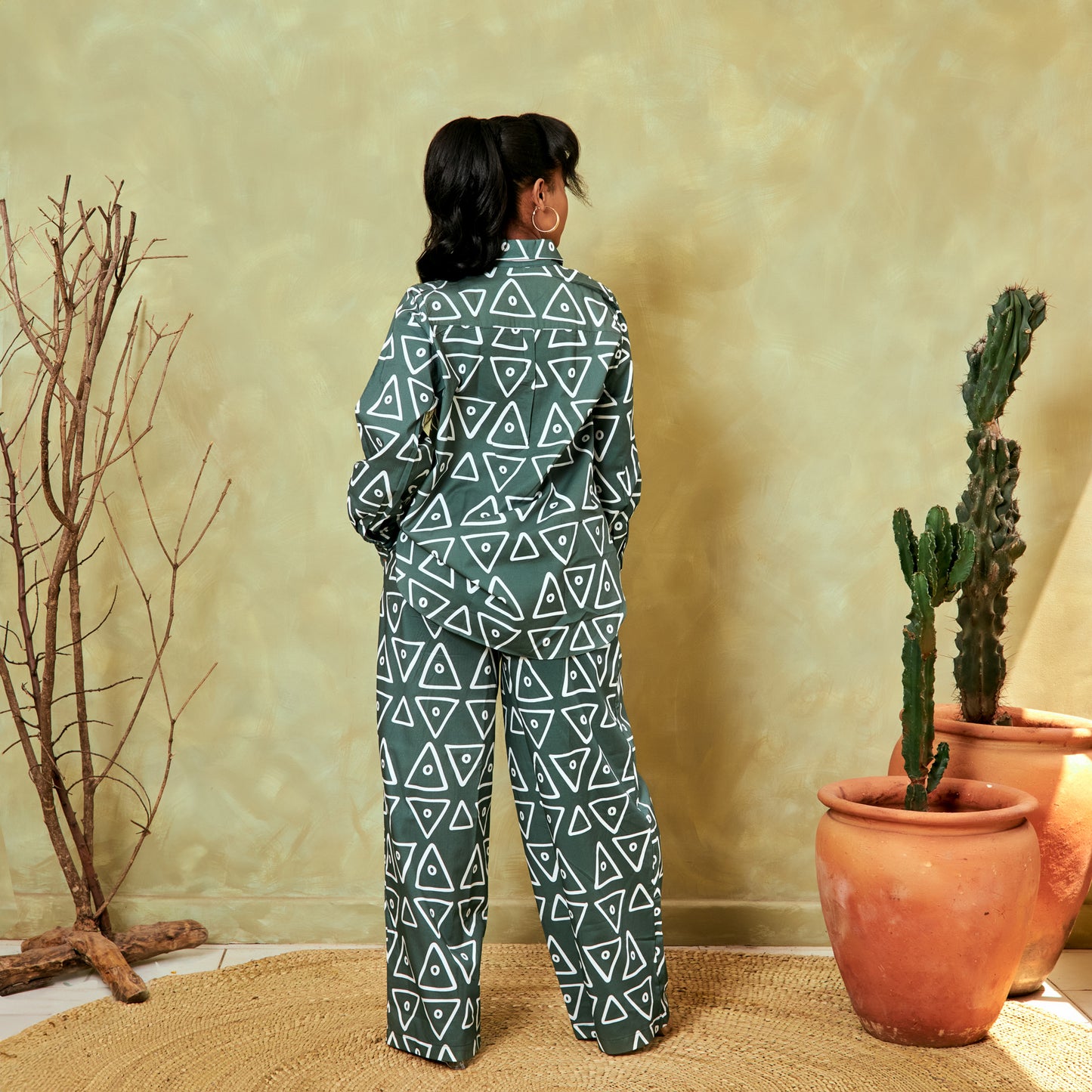 Nia Geometric Print Pant Set - Dark Olive Green