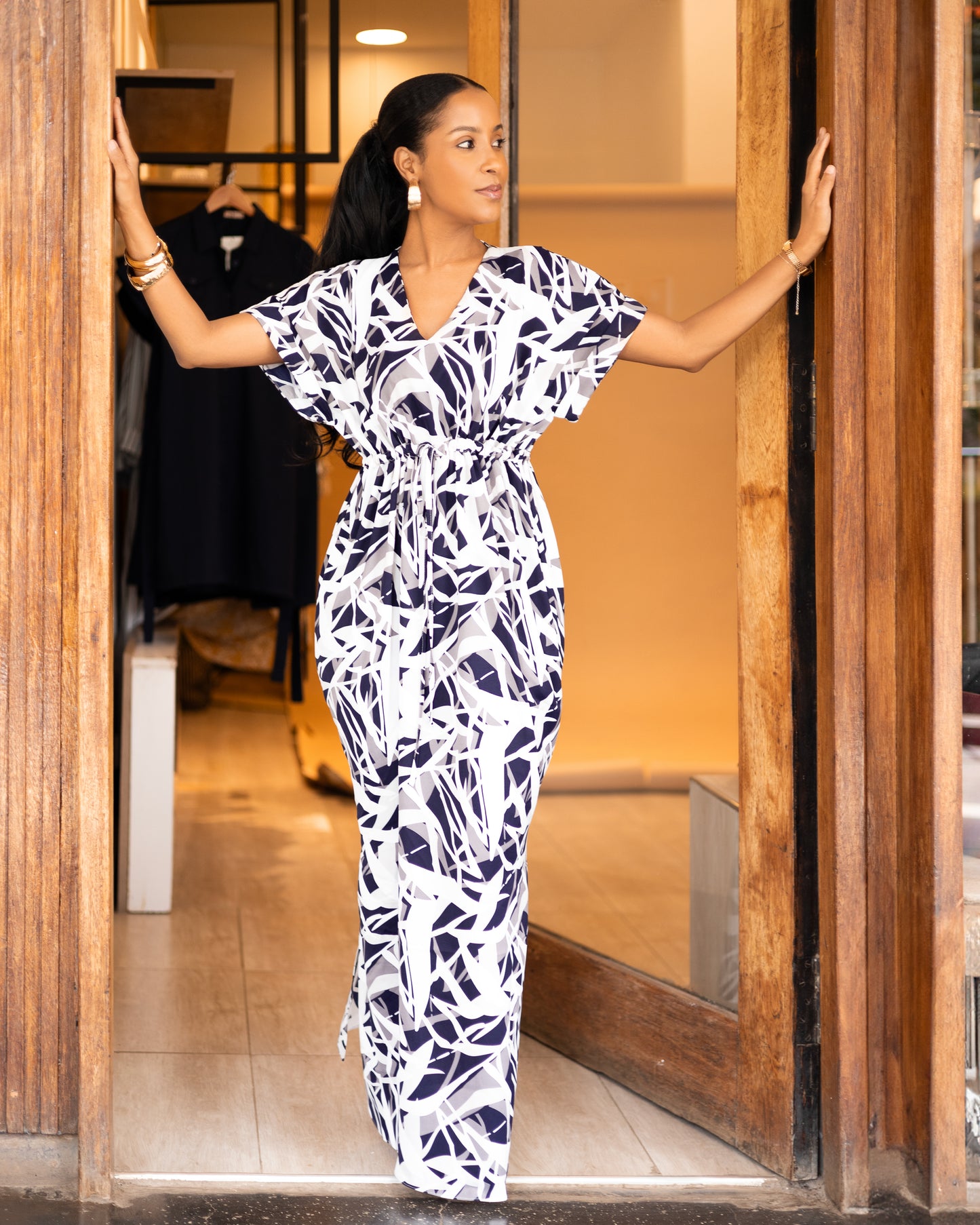 Drawstring Maxi Dress - Navy Blue