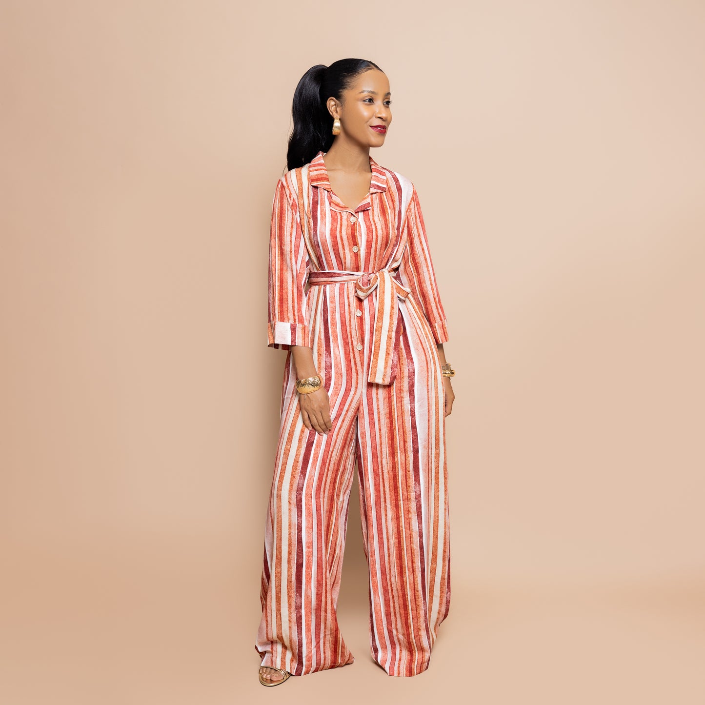 Nia Sunset Wide Leg Belted Jumpsuit - Watercolor Stripe