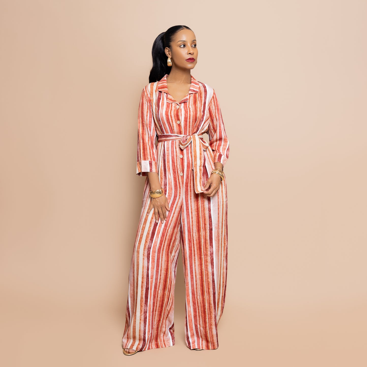 Nia Sunset Wide Leg Belted Jumpsuit - Watercolor Stripe
