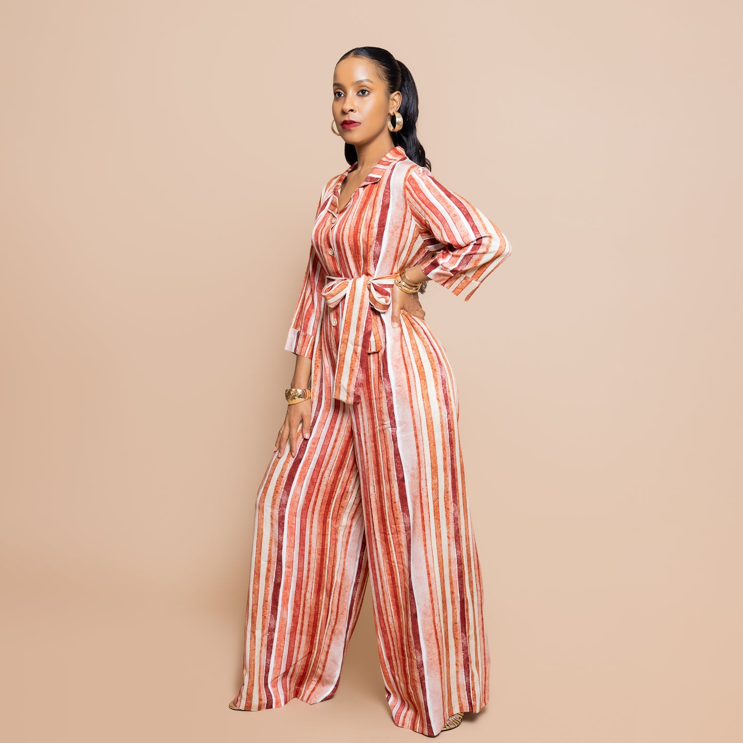 Nia Sunset Wide Leg Belted Jumpsuit - Watercolor Stripe