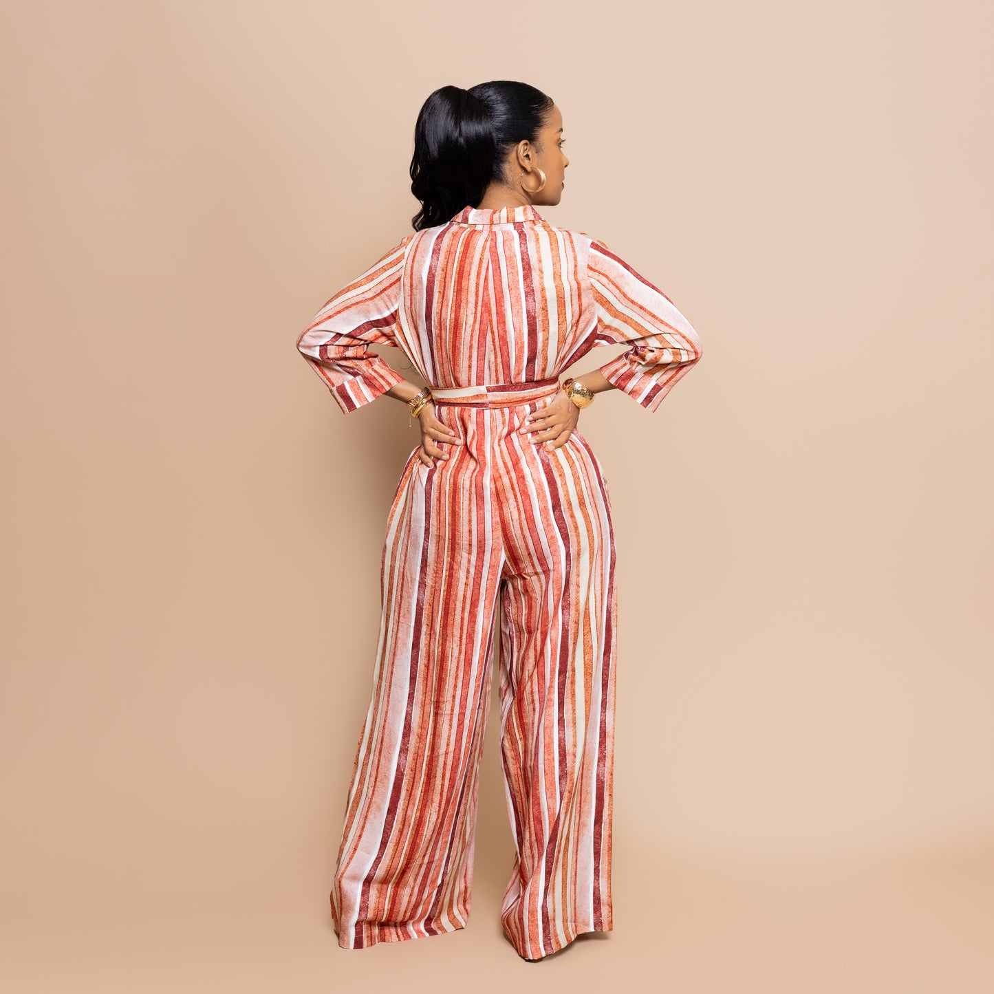Nia Sunset Wide Leg Belted Jumpsuit - Watercolor Stripe