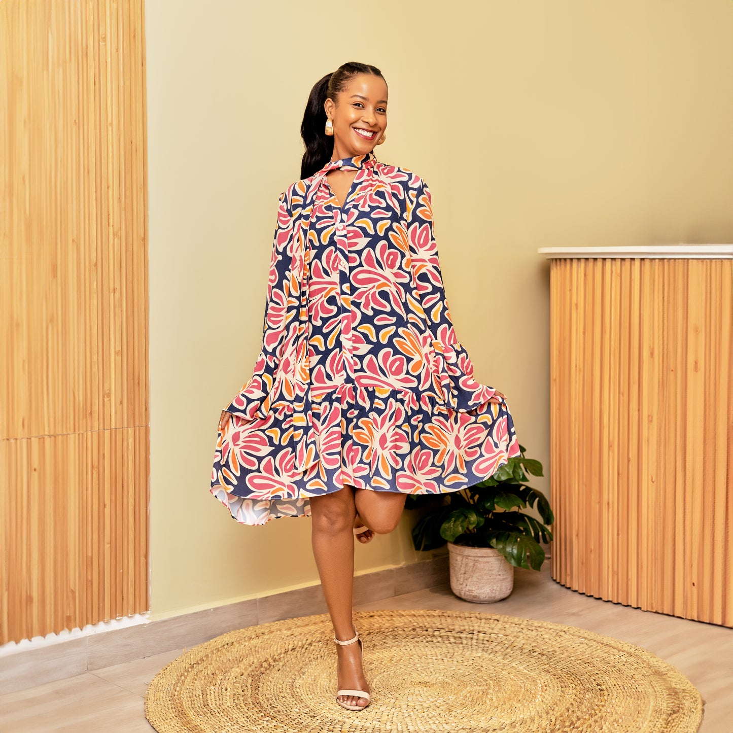 Nia Abstract Floral Tiered Short Dress - Multicolor