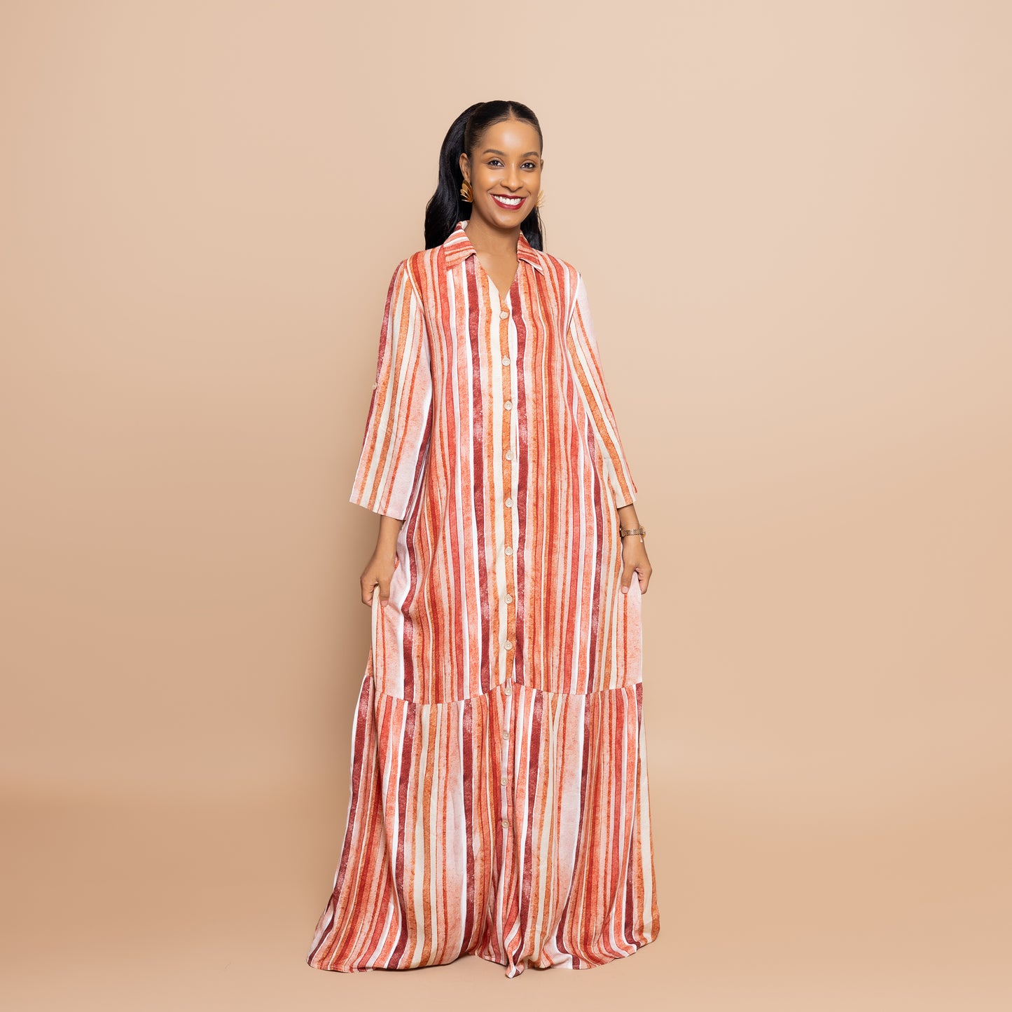 Nia Sunset Open Collar Button-Down Maxi - Watercolor Stripe