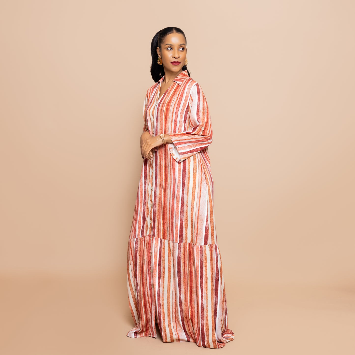 Nia Sunset Open Collar Button-Down Maxi - Watercolor Stripe