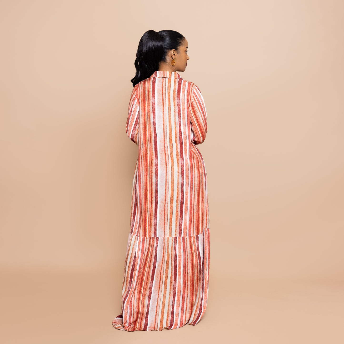 Nia Sunset Open Collar Button-Down Maxi - Watercolor Stripe