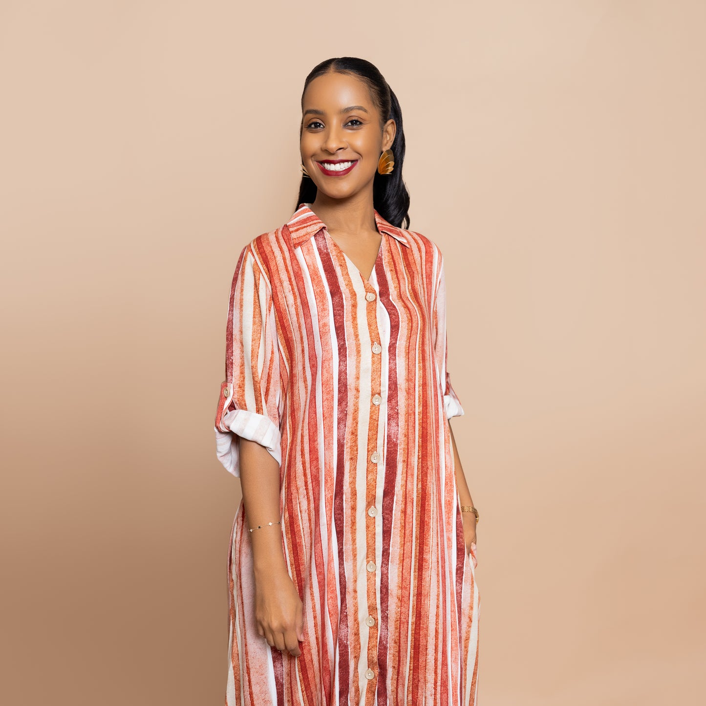 Nia Sunset Open Collar Button-Down Maxi - Watercolor Stripe