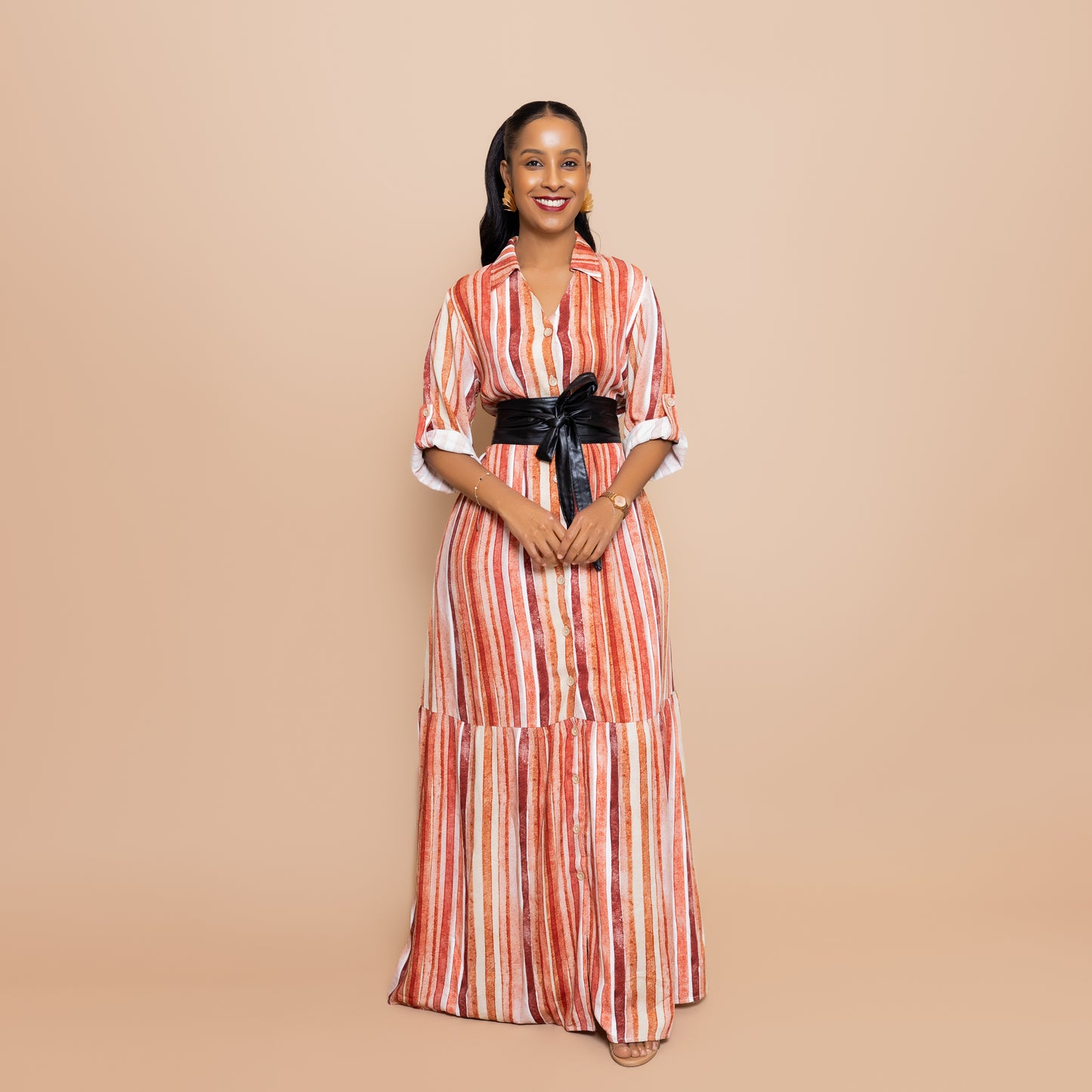 Nia Sunset Open Collar Button-Down Maxi - Watercolor Stripe