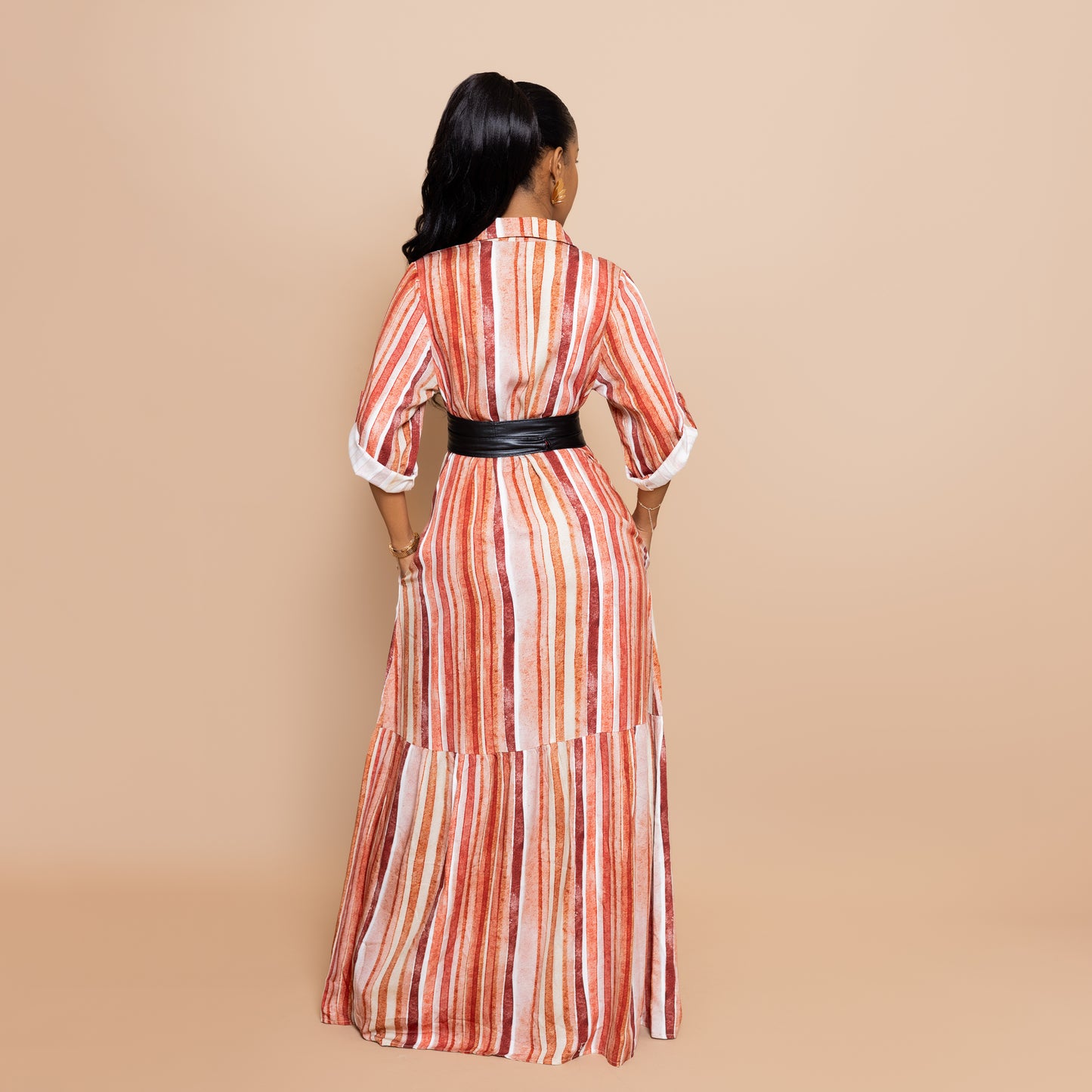 Nia Sunset Open Collar Button-Down Maxi - Watercolor Stripe