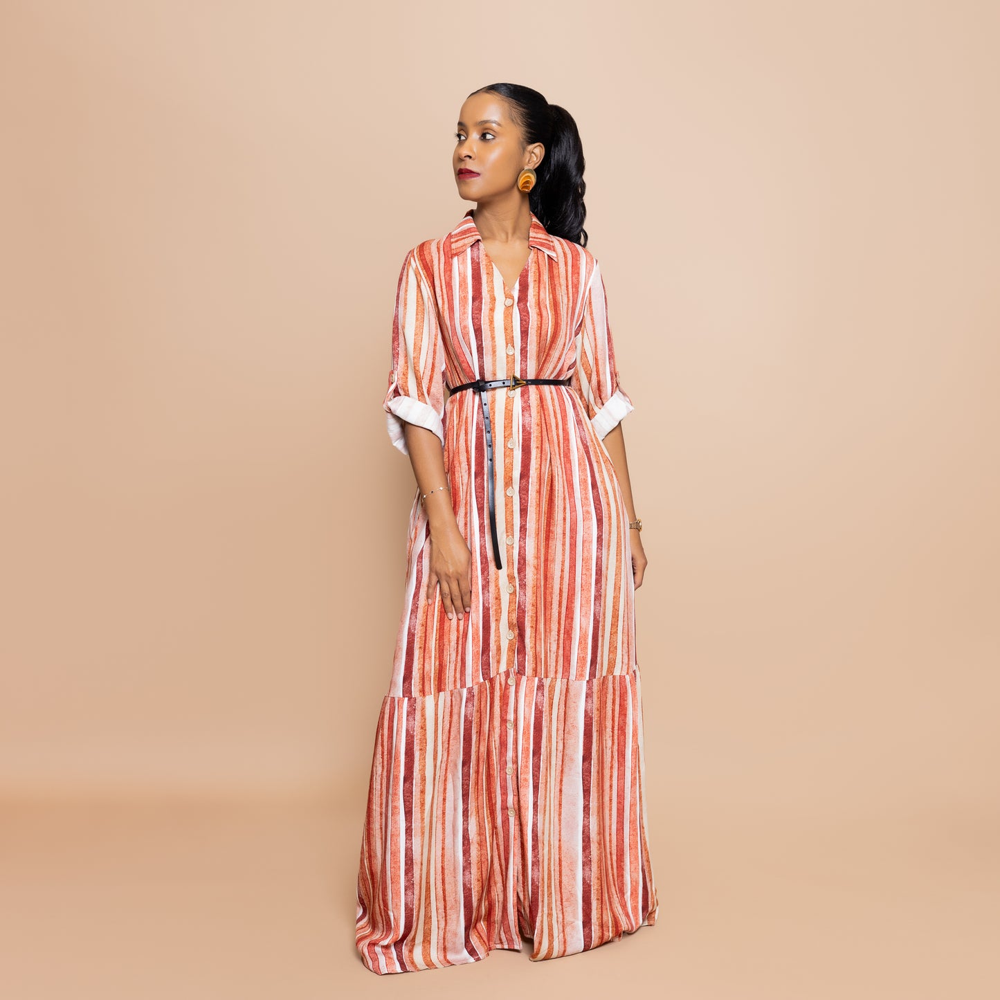Nia Sunset Open Collar Button-Down Maxi - Watercolor Stripe