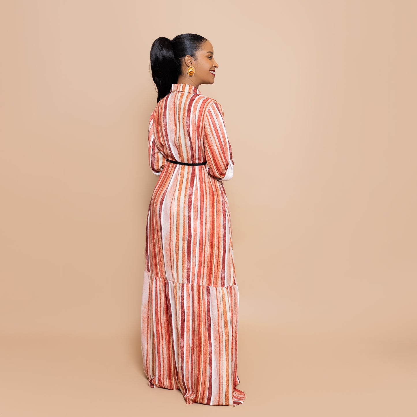 Nia Sunset Open Collar Button-Down Maxi - Watercolor Stripe
