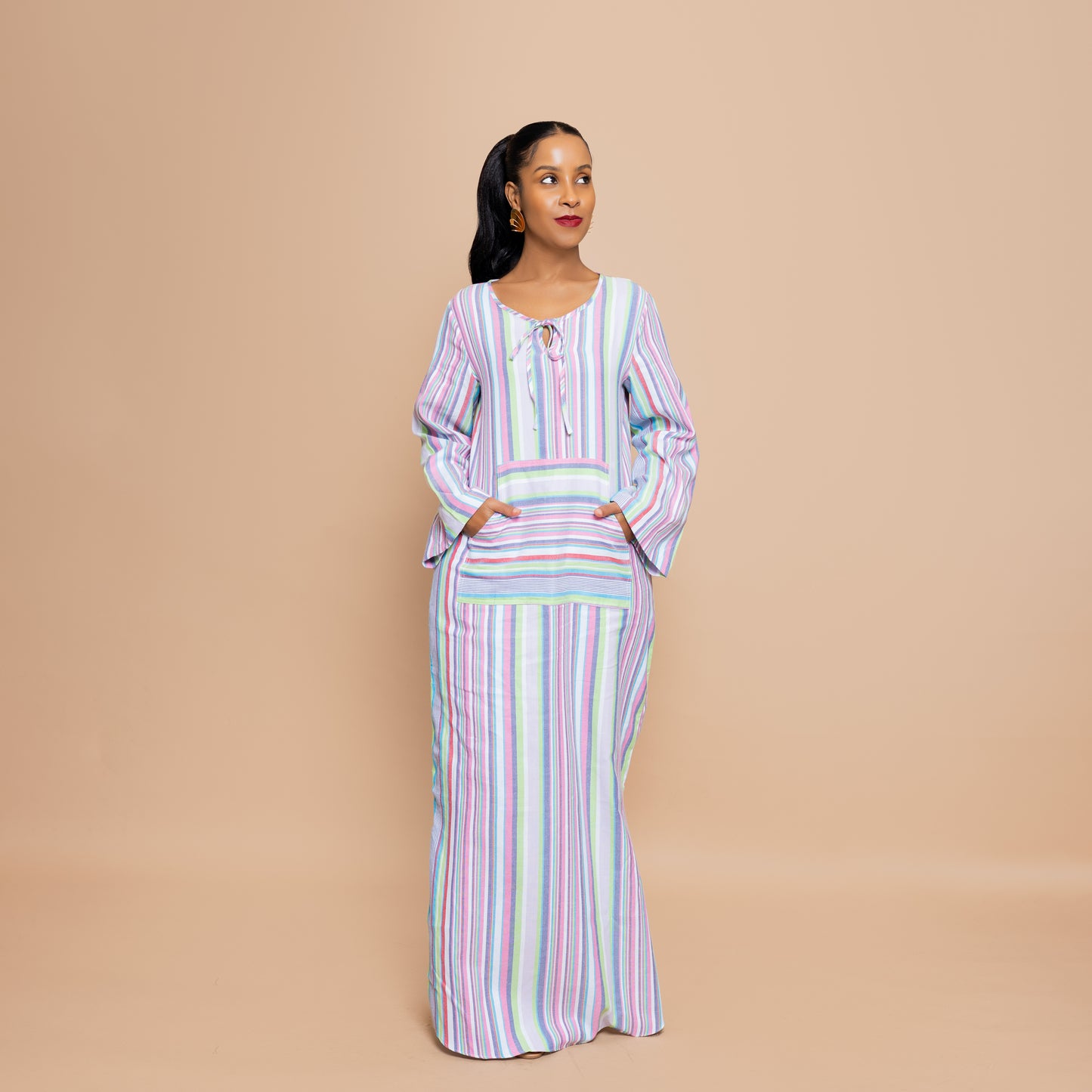 Kaftan-inspired Maxi with Kangaroo Pocket - Candy Pastel Stripe