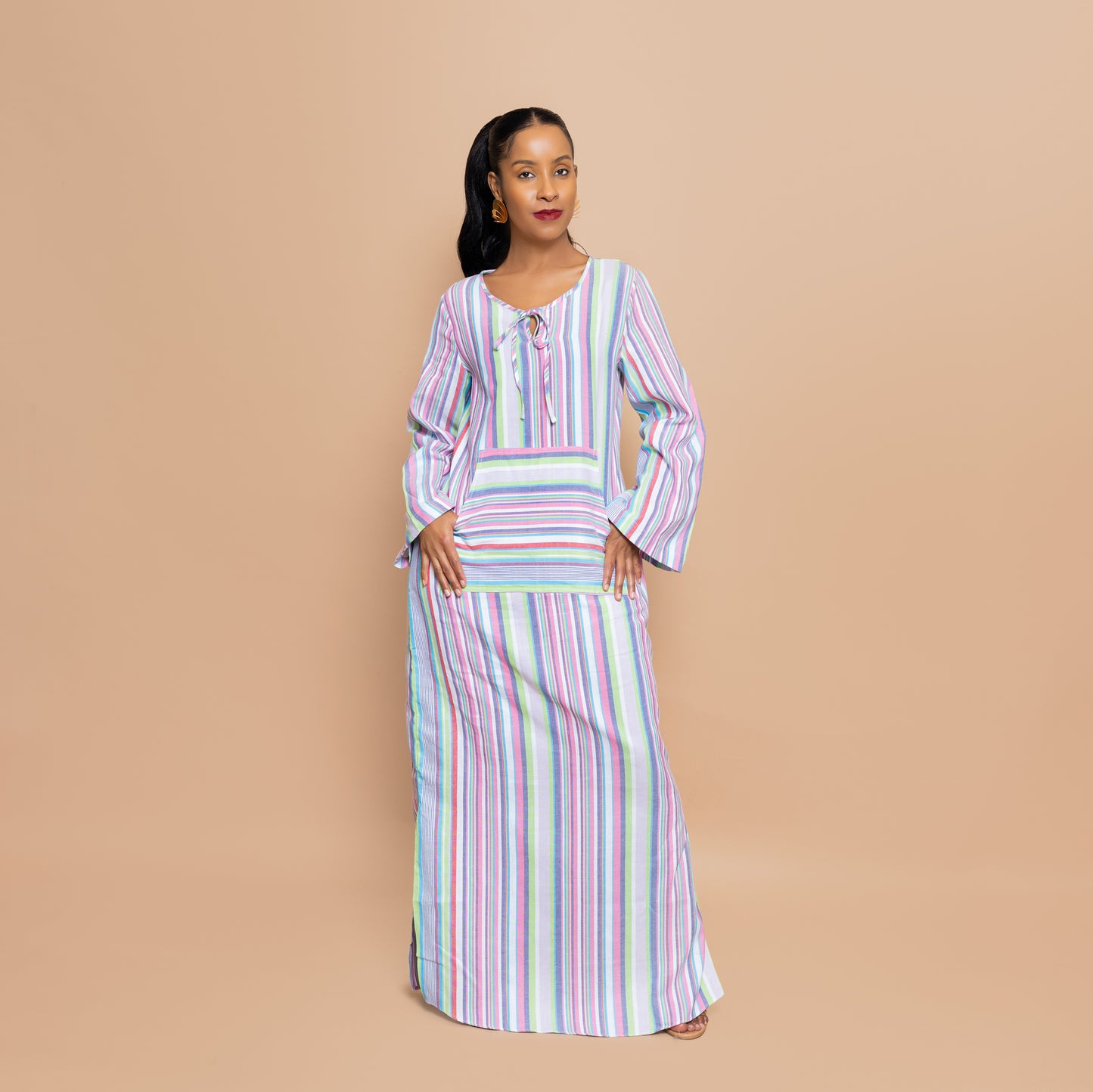 Kaftan-inspired Maxi with Kangaroo Pocket - Candy Pastel Stripe