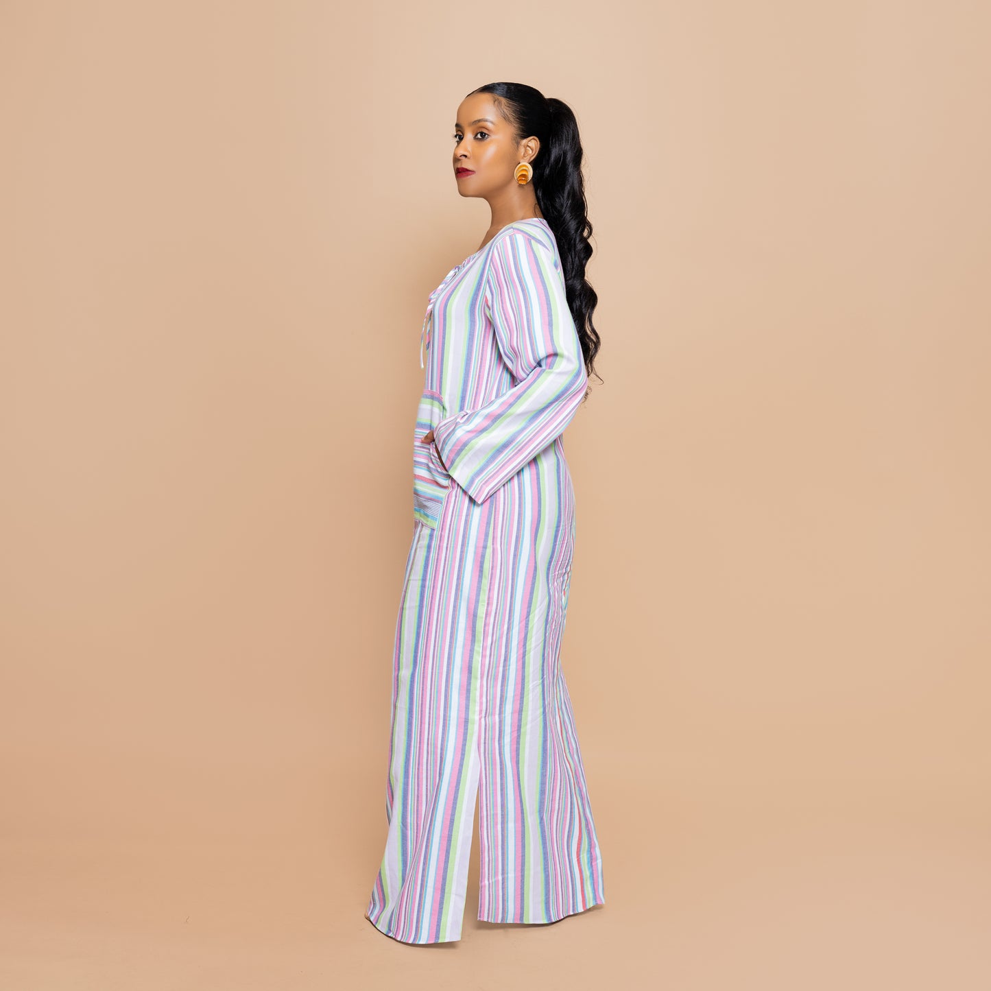Kaftan-inspired Maxi with Kangaroo Pocket - Candy Pastel Stripe