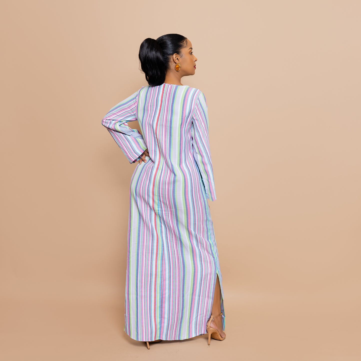 Kaftan-inspired Maxi with Kangaroo Pocket - Candy Pastel Stripe