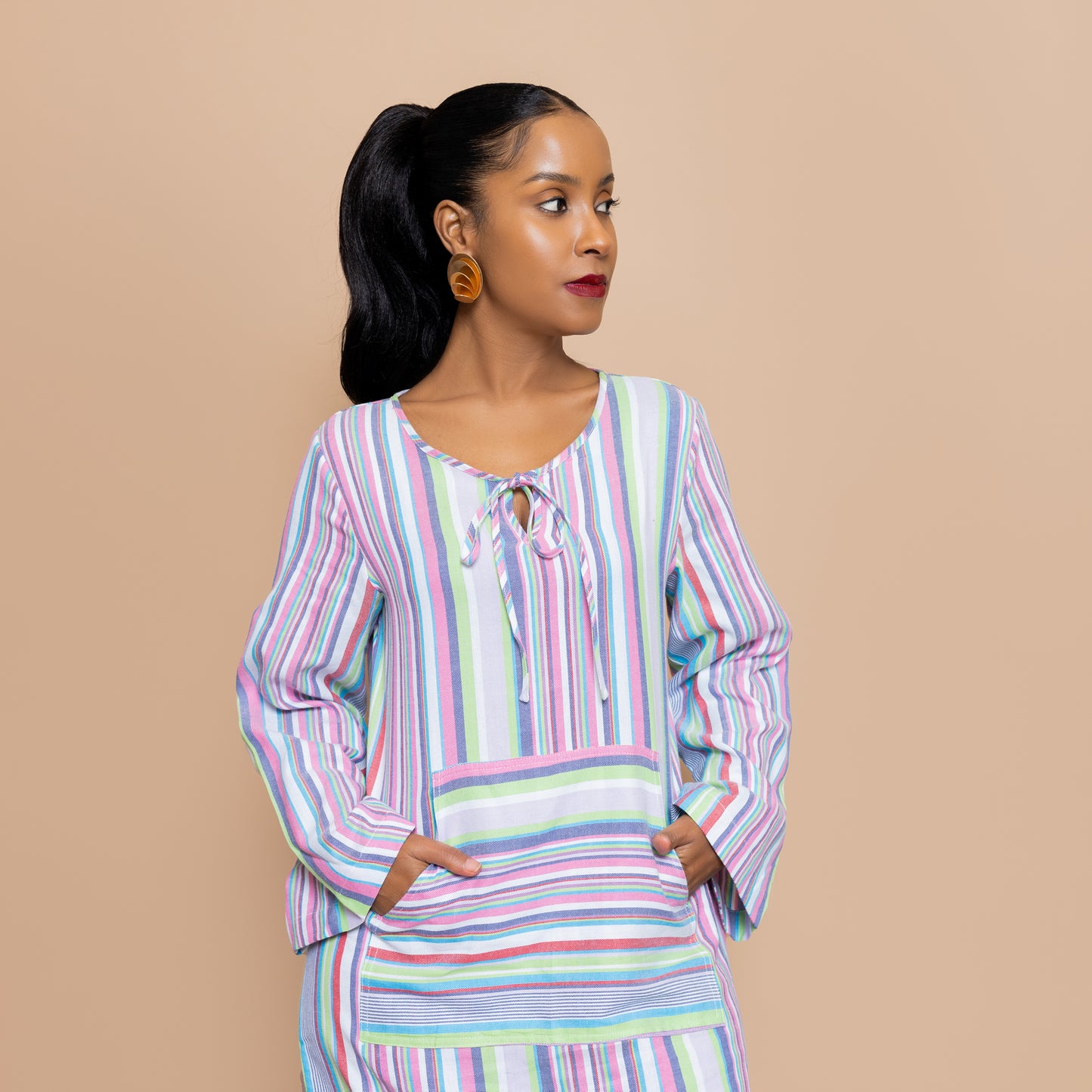 Kaftan-inspired Maxi with Kangaroo Pocket - Candy Pastel Stripe